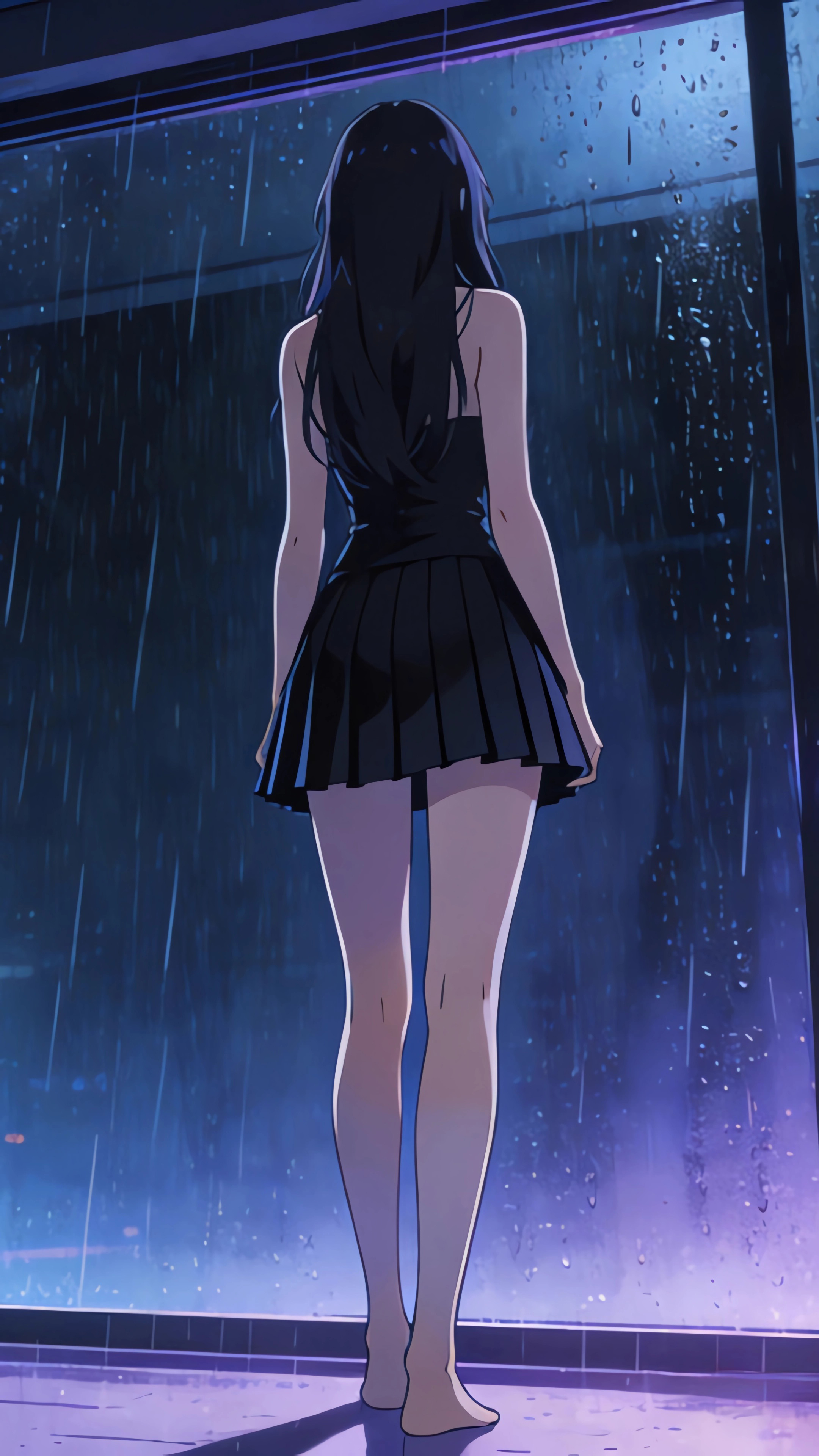 赛博朋克 房间 雨天 长发美女背影 望向窗外 4K手机壁纸竖屏