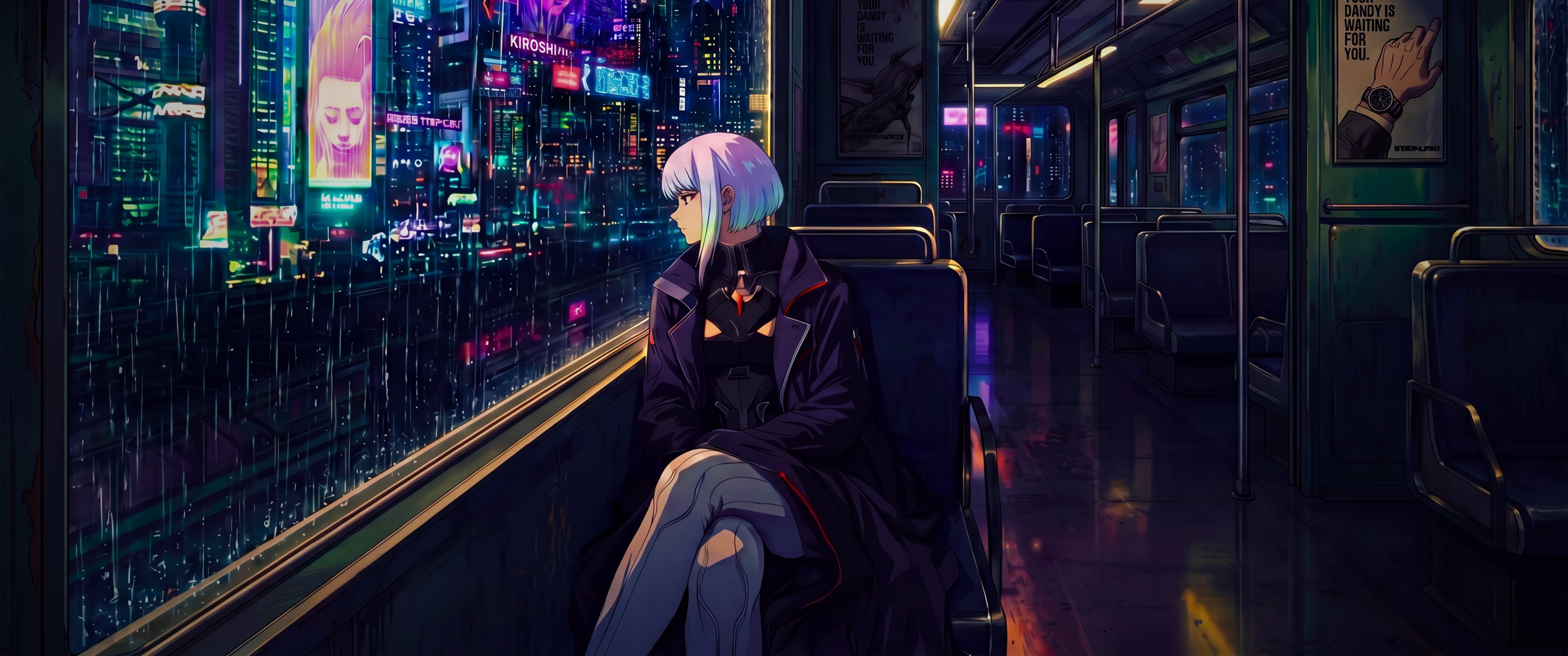 赛博朋克边缘行者Lucy露西 霓虹之城之夜4K带鱼屏壁纸3440x1440