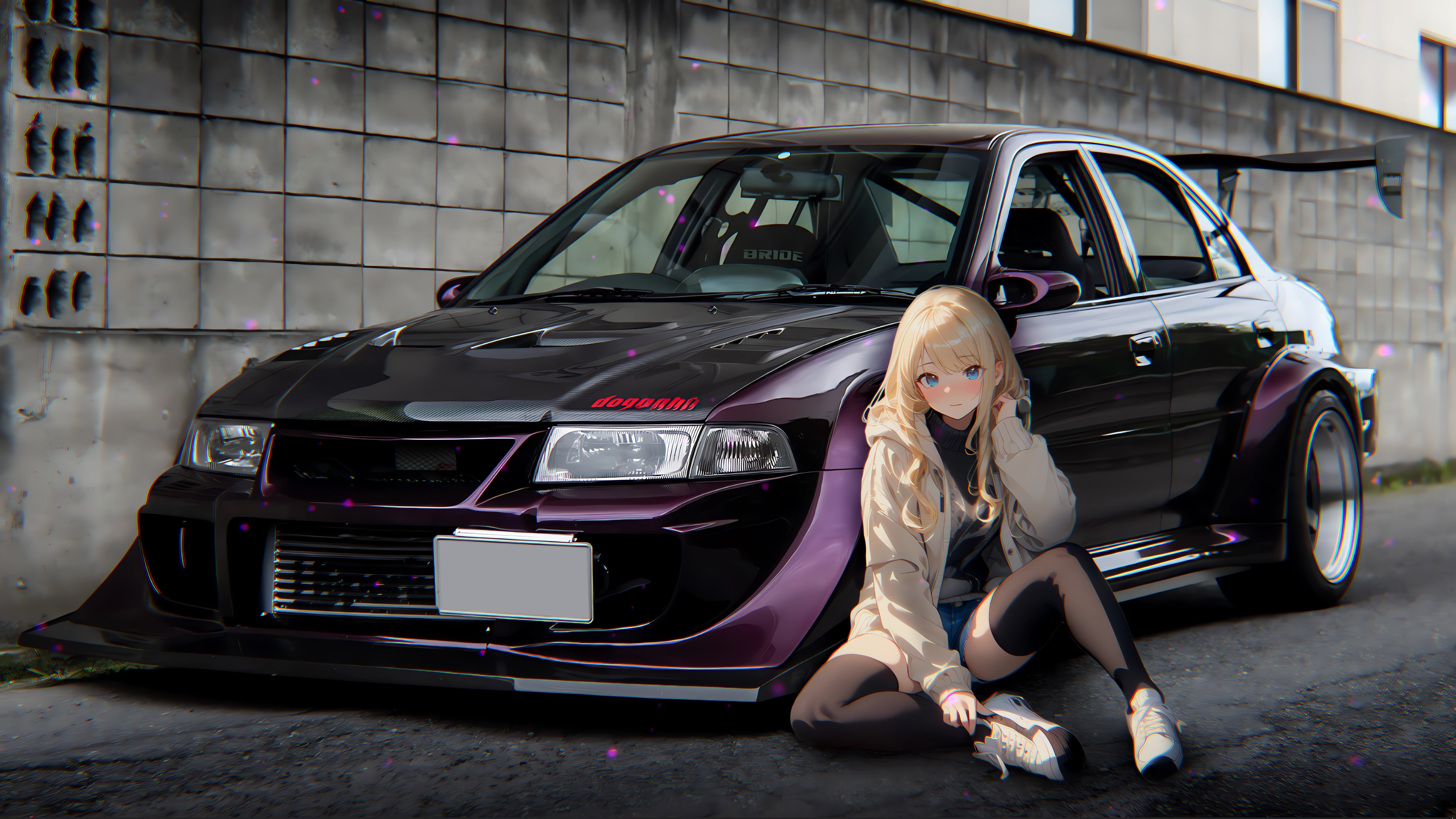 路边汽车 金发动漫美女 4K动漫壁纸3840x2160