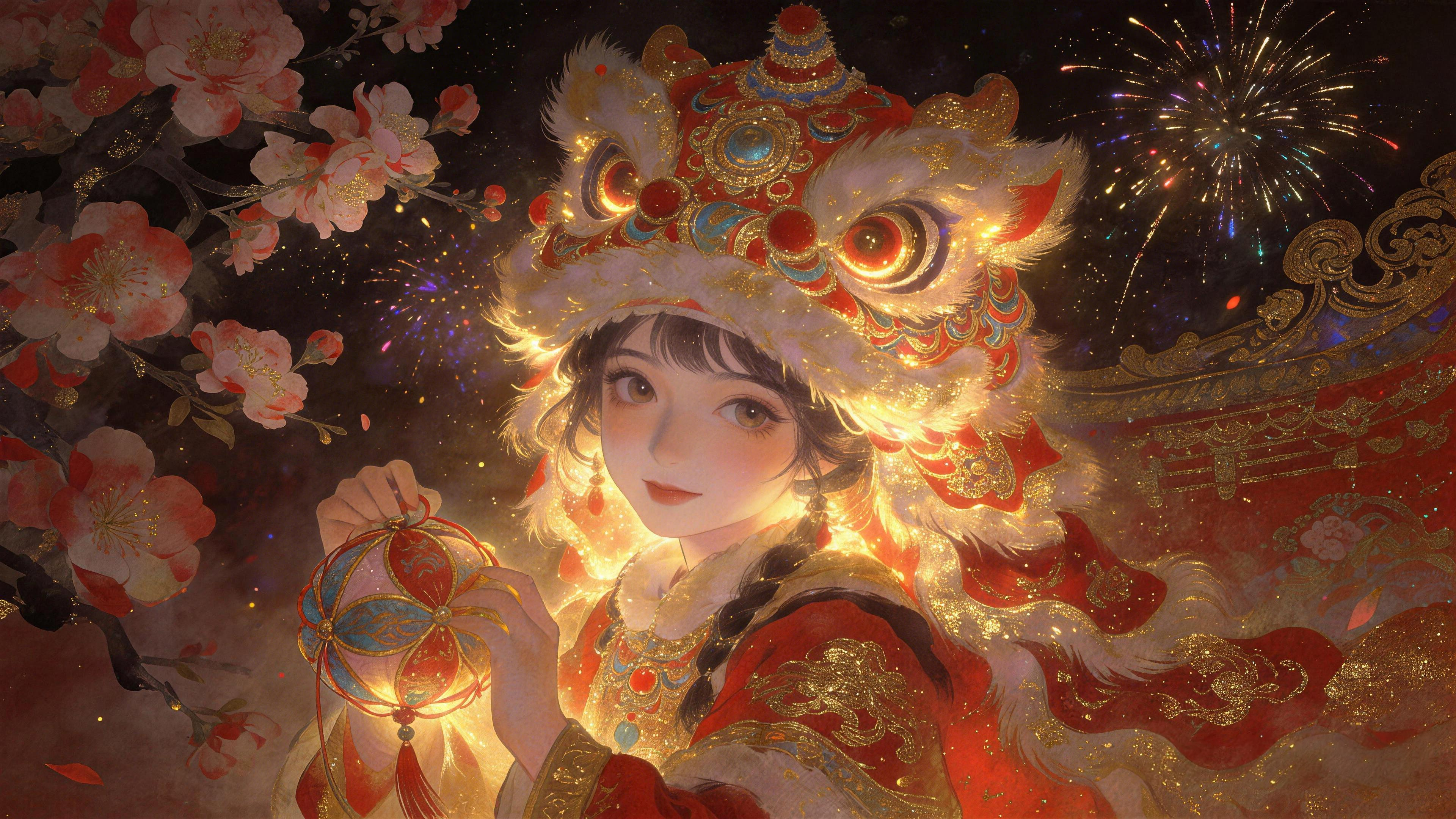 鎏金狮影映娇颜 春节 动漫女孩 4K壁纸 3840x2160