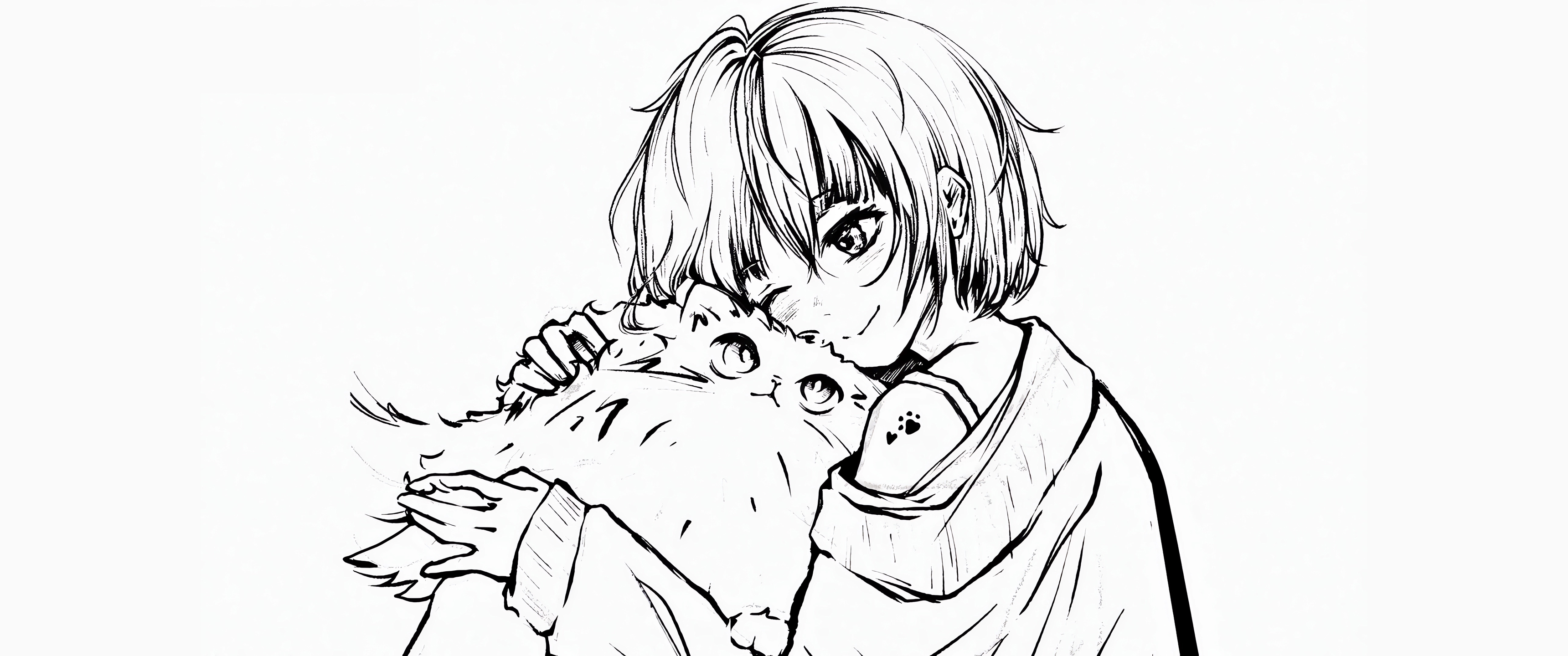 铅笔画 短发女生 猫 简单动漫3440x1440带鱼屏壁纸