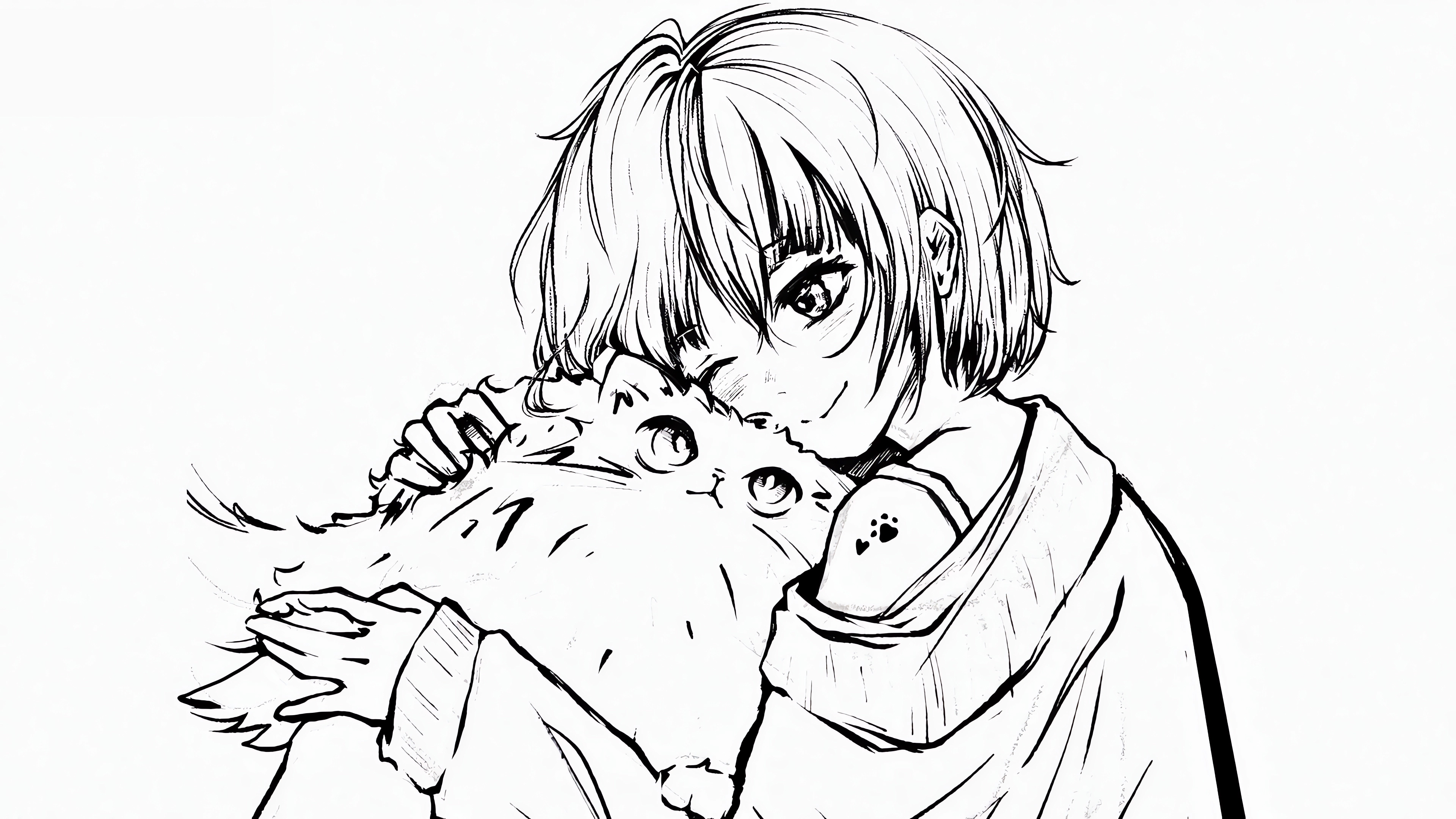 铅笔画 短发女生 猫 简单白色背景 4K壁纸 3840x2160