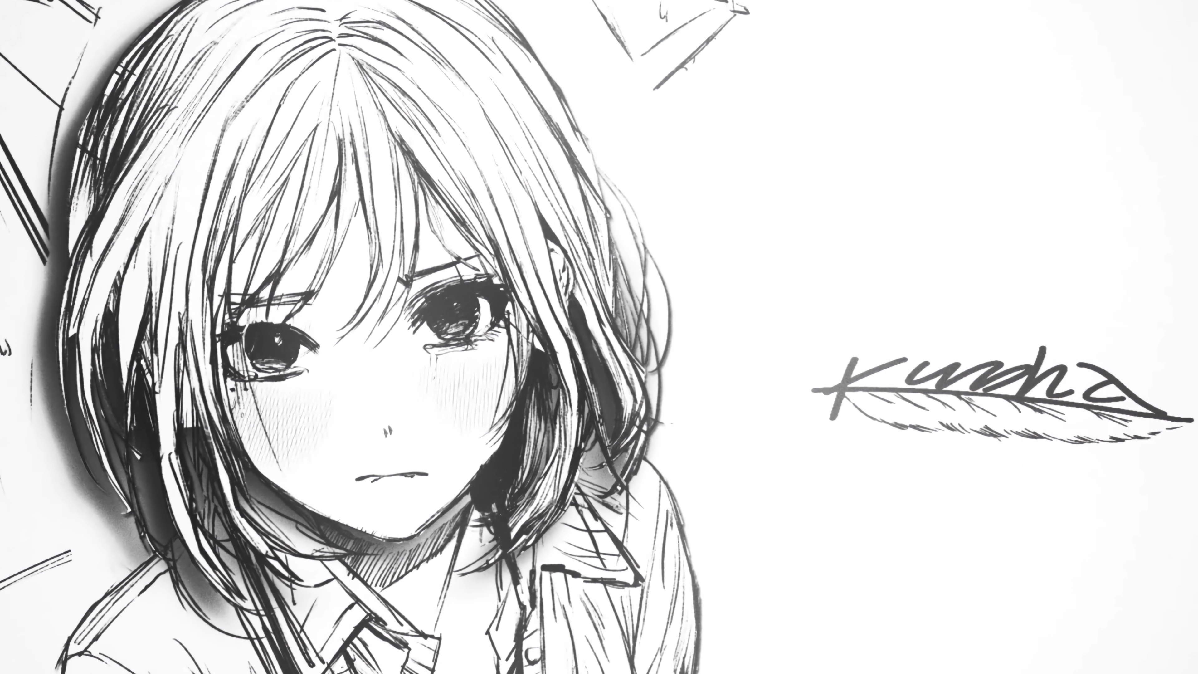 铅笔画女生 短发 简单黑白素描 4K动漫壁纸3840x2160