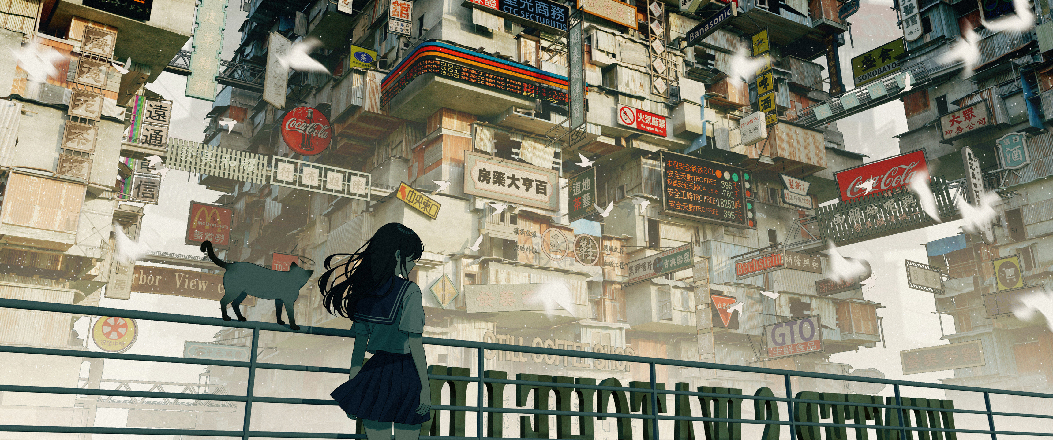 长发的女学生站立 栏杆 猫 旧城市建筑 3440x1440带鱼屏动漫壁纸免费