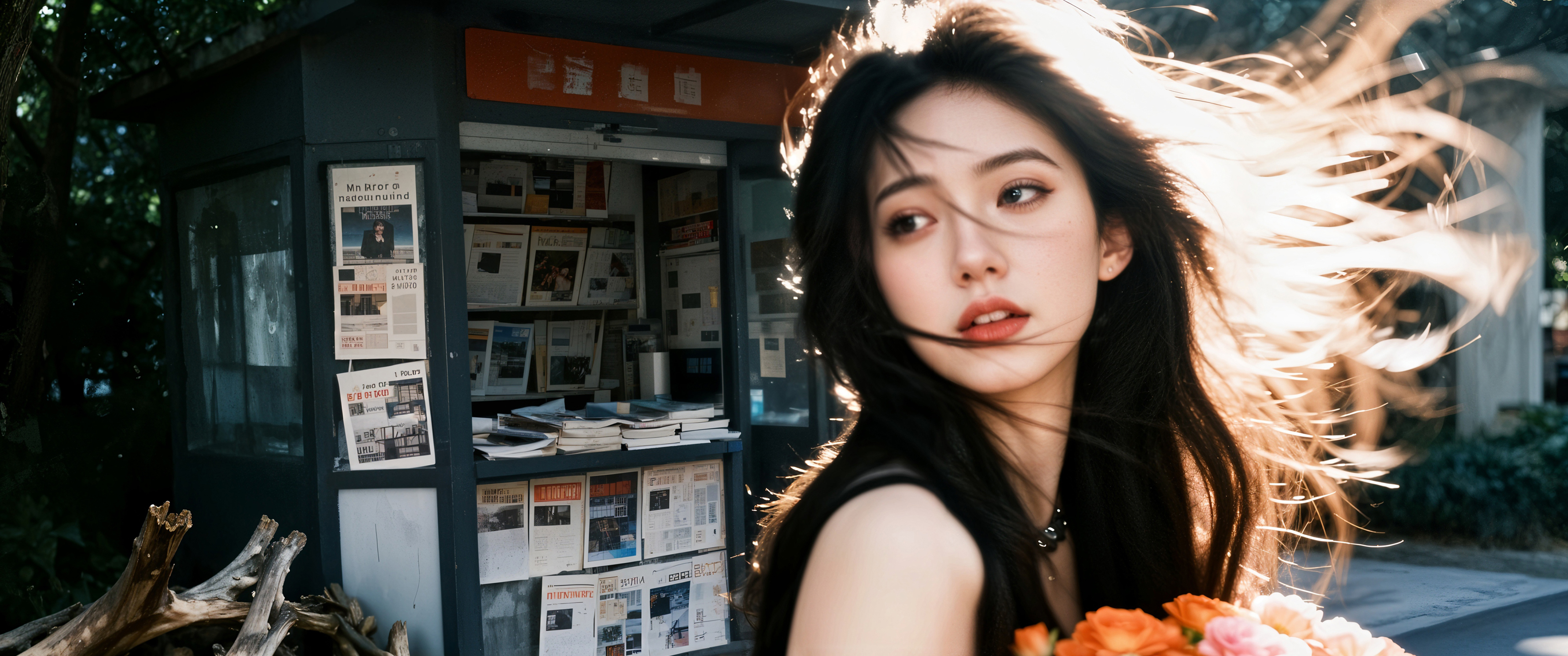 长发美女 手捧花 报刊亭 带鱼屏壁纸3440x1440