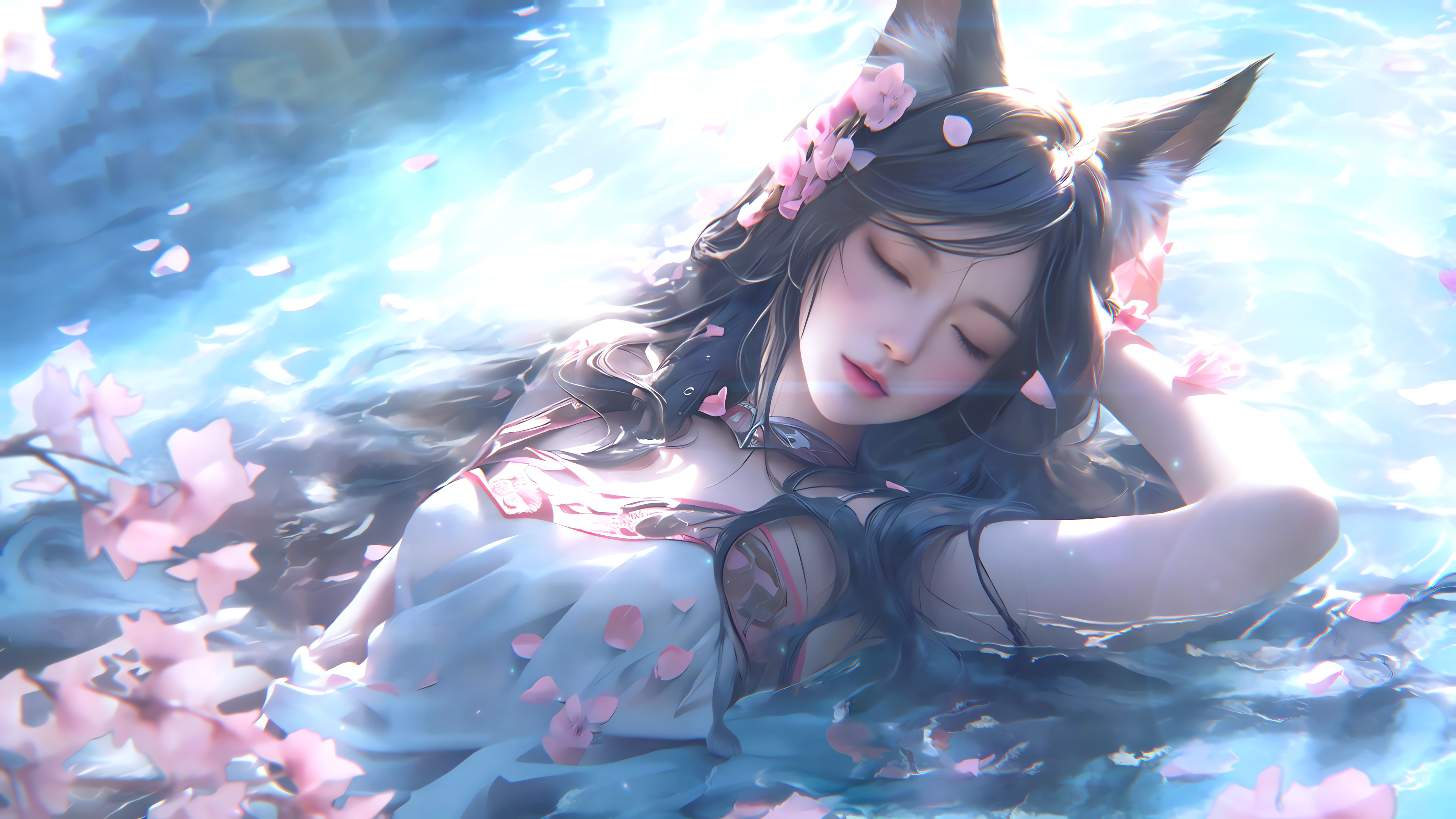 阿狸 水 花瓣 唯美 4K壁纸 3840x2160
