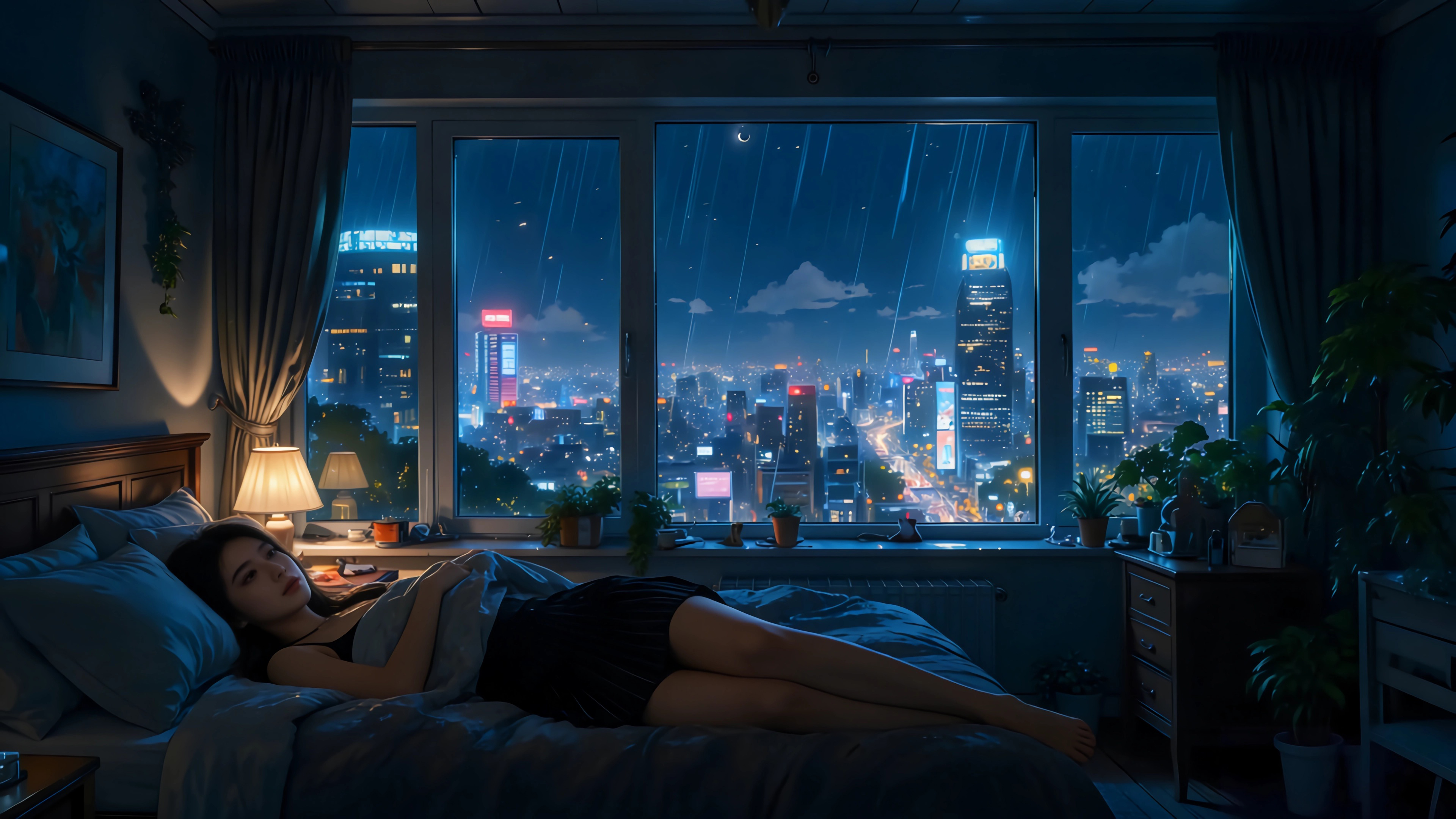 雨夜 房间 漂亮美女 玻璃窗 4K壁纸 3840x2160