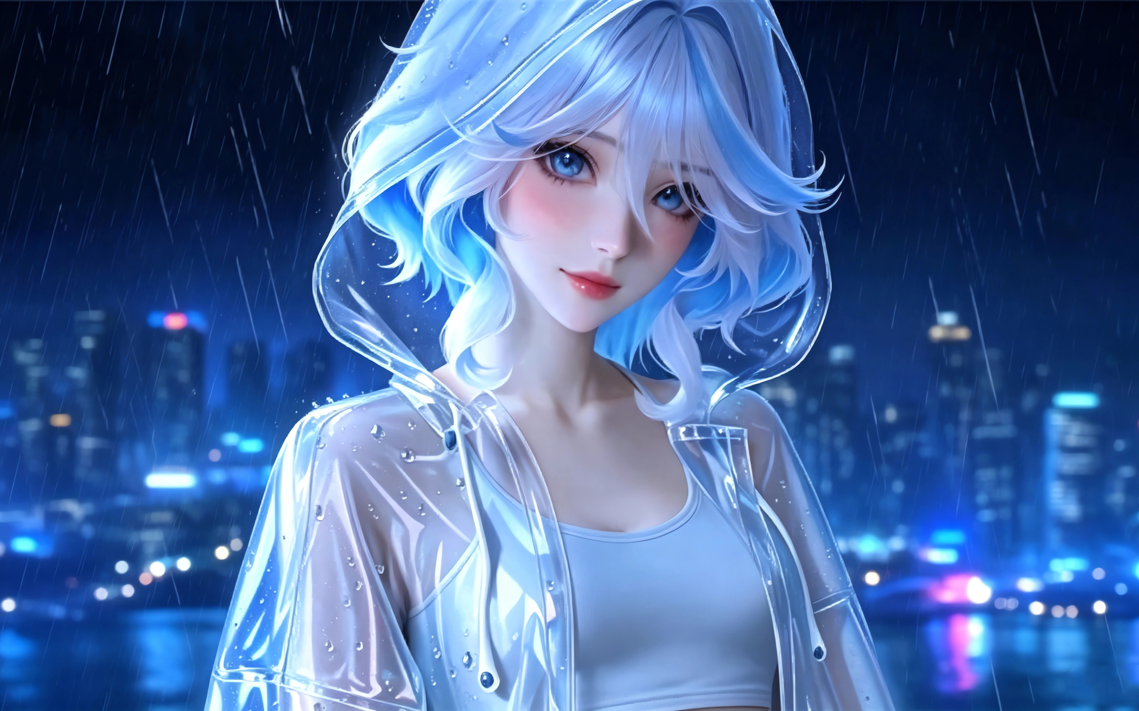 雨夜都市 赛博朋克 蓝白卷发少女 4K动漫壁纸 3840x2400