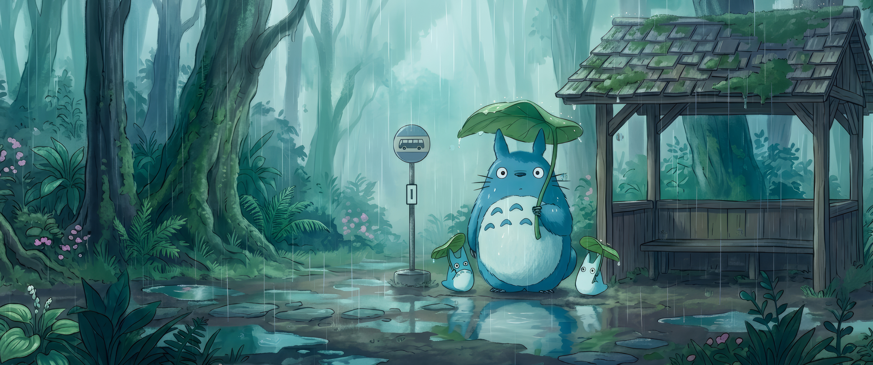 雨天 龙猫撑荷叶 公交车 小站 带鱼屏高清壁纸3440x1440