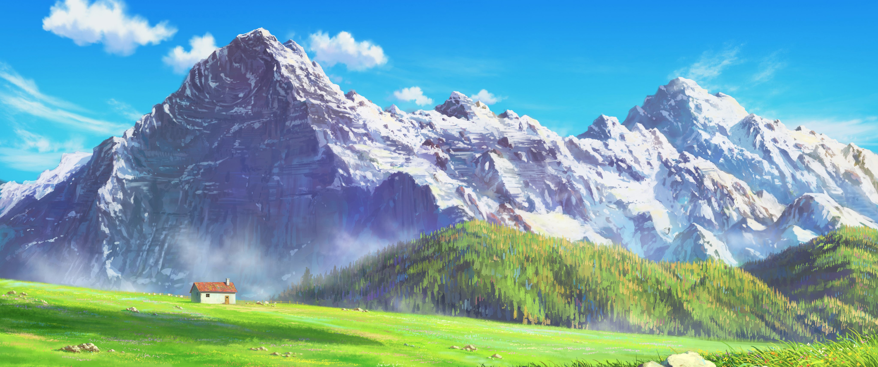 雪山小屋绿色草地 带鱼屏风景高清壁纸3440x1440