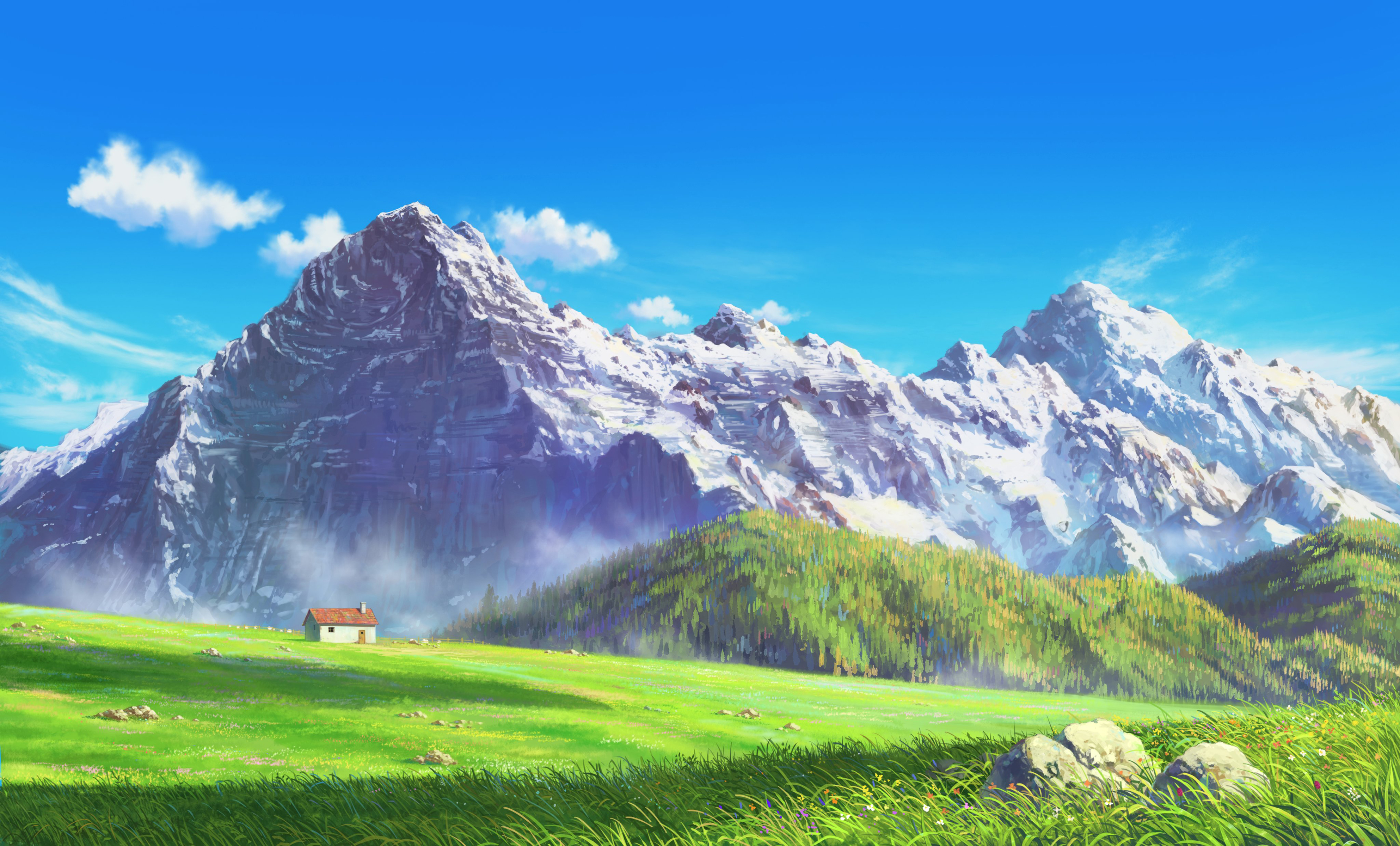 雪山小屋绿色草地 绘画风景 4K壁纸
