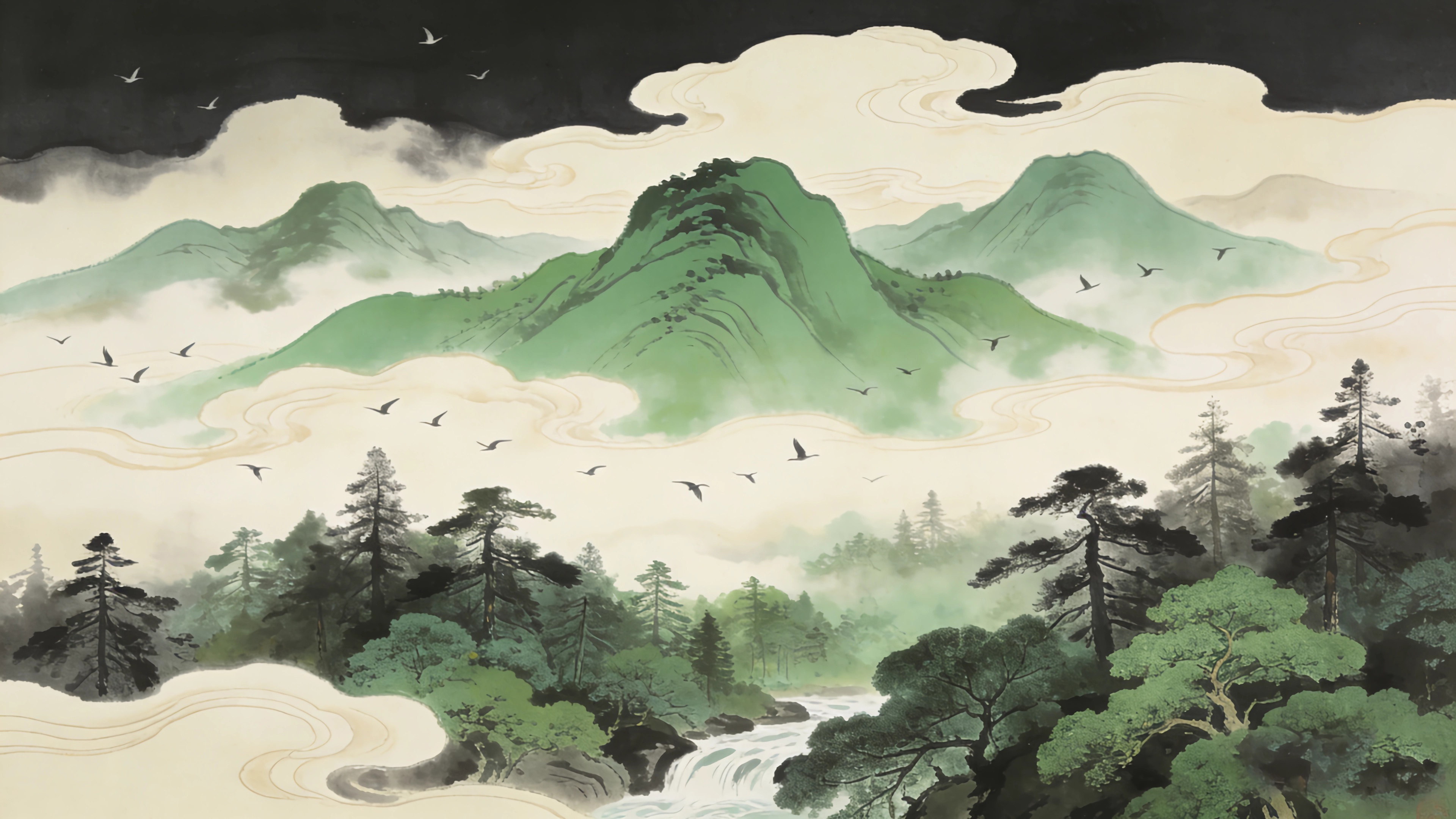 青山 山峦 云 树林 瀑布 溪流 绘画 4K风景壁纸