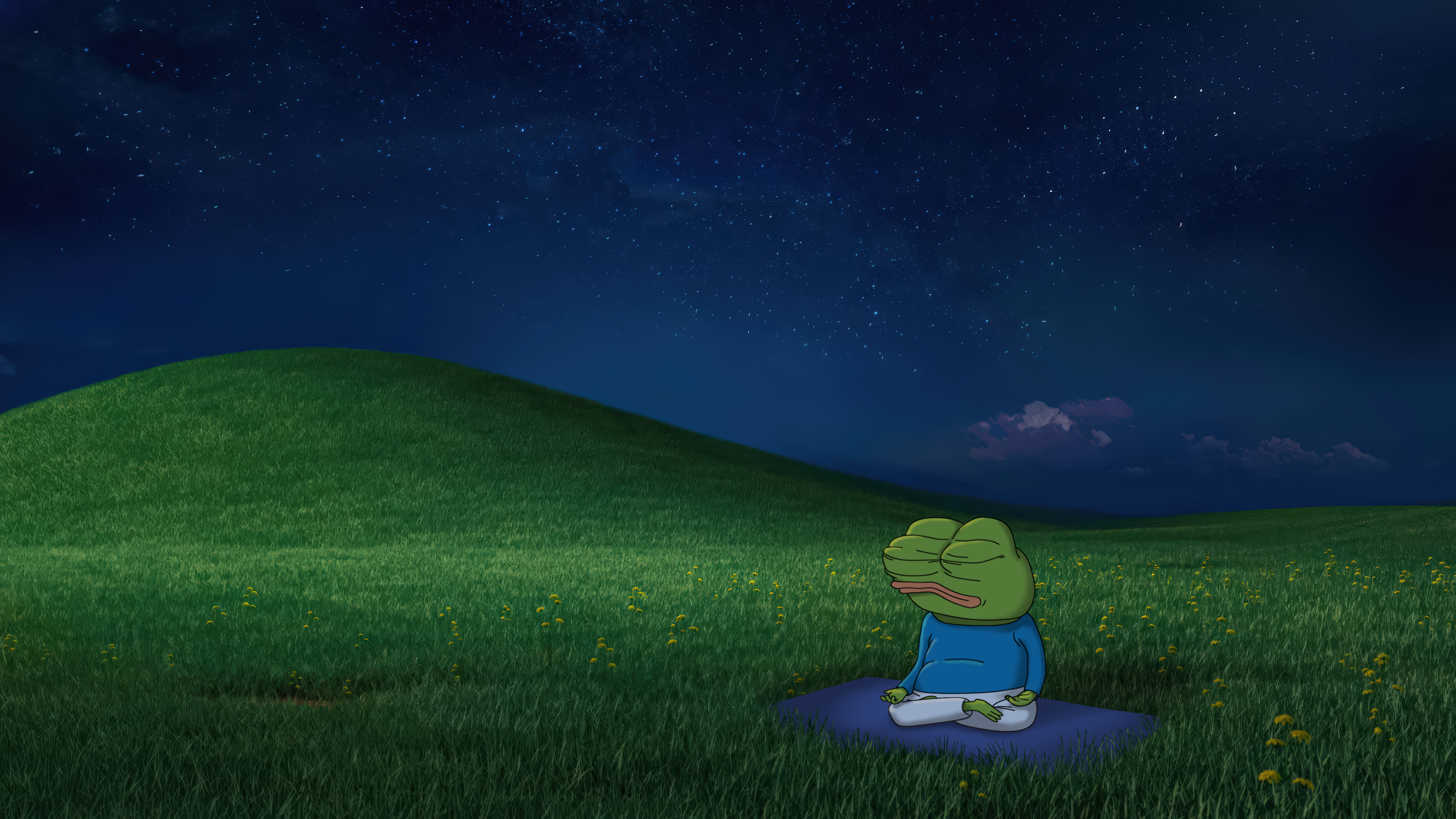 青蛙 打坐 闭眼 夜晚 丘陵 草地 星空 风景4K壁纸 3840x2160