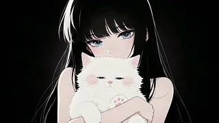 黑发少女与白色奶猫