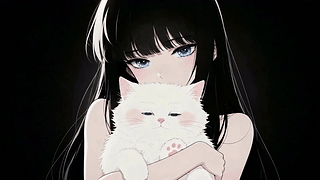 黑发少女与白色奶猫