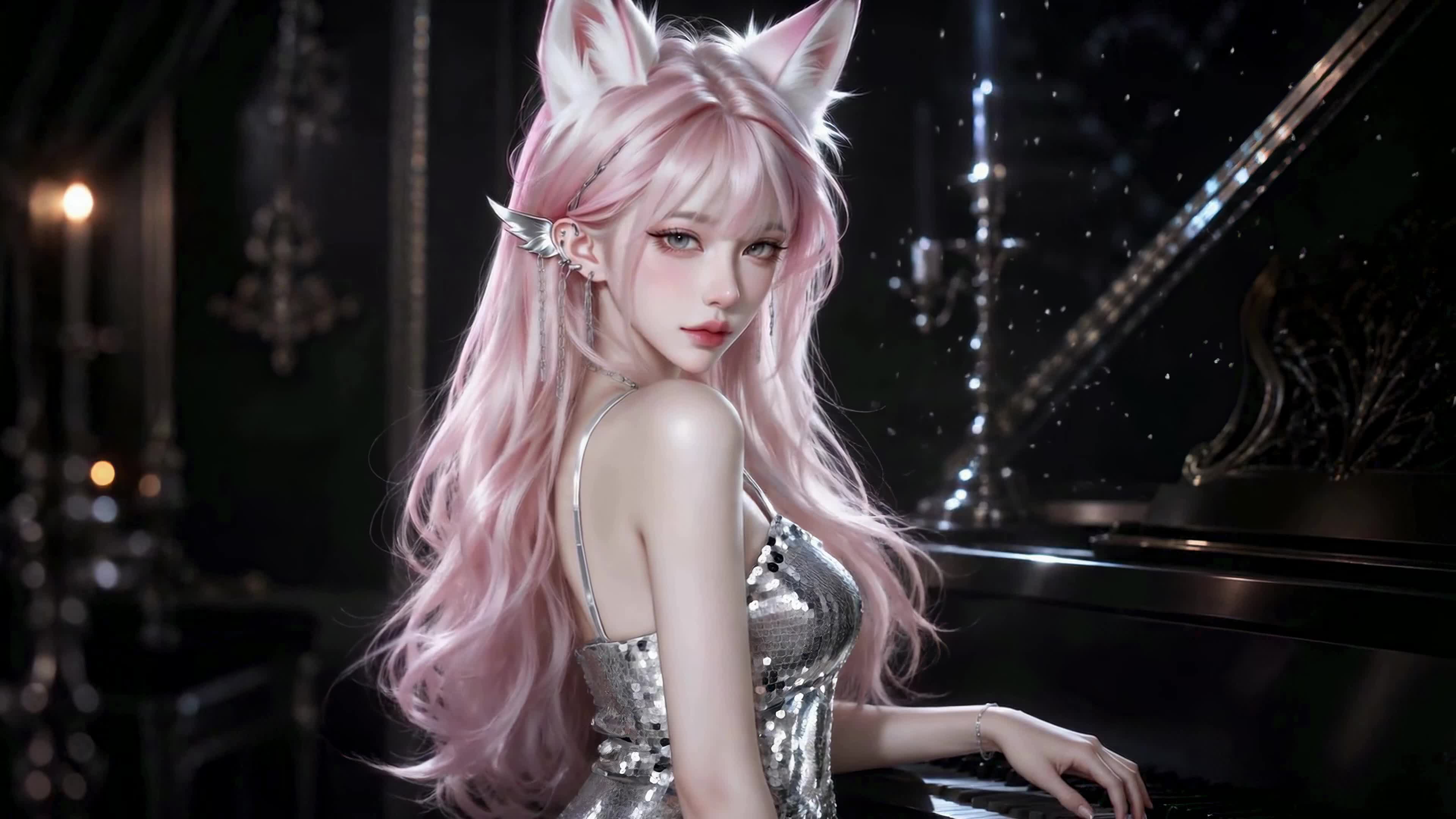 钢琴边的粉发狐耳少女