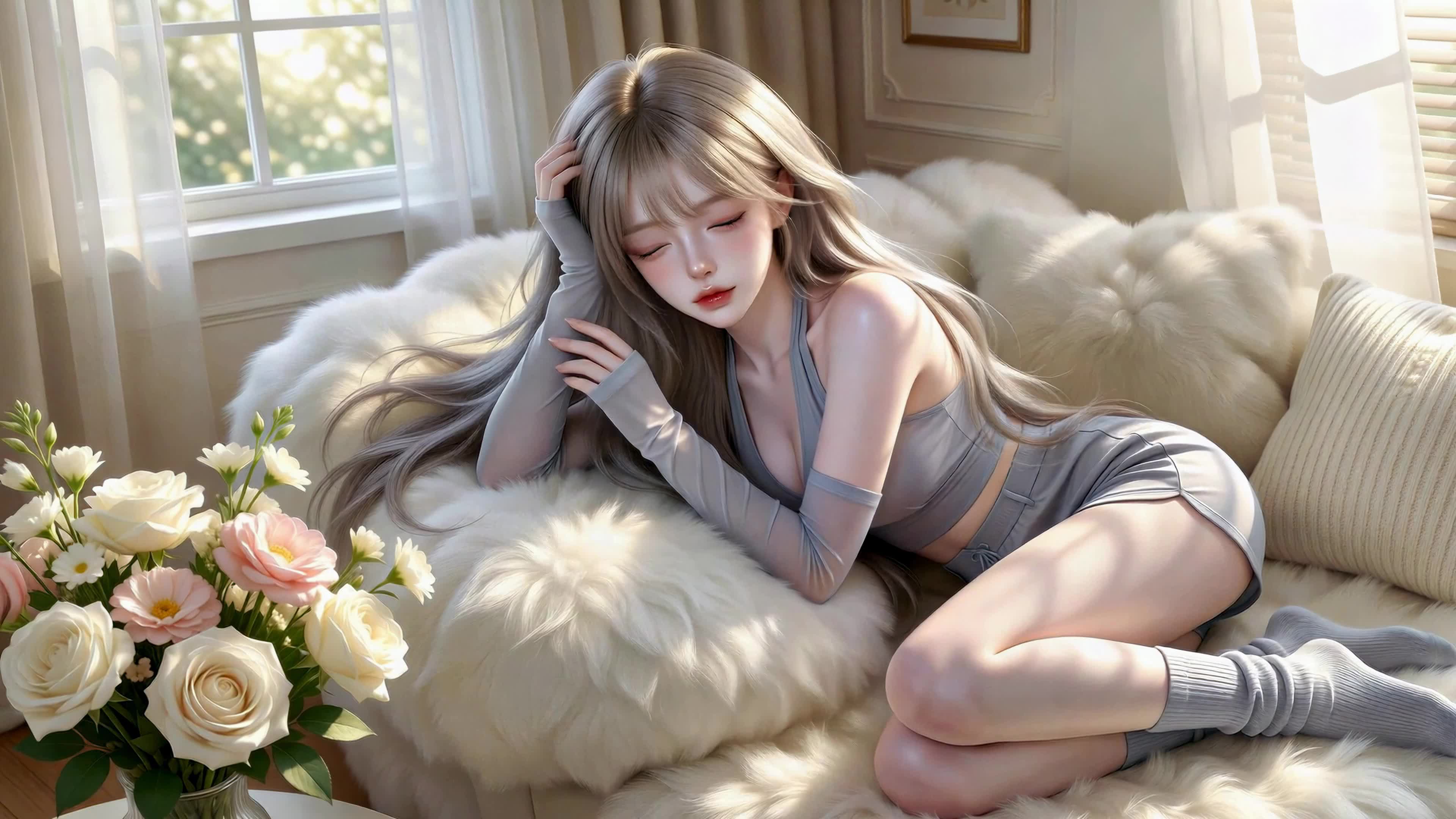 窗边绒沙发上的浅发少女
