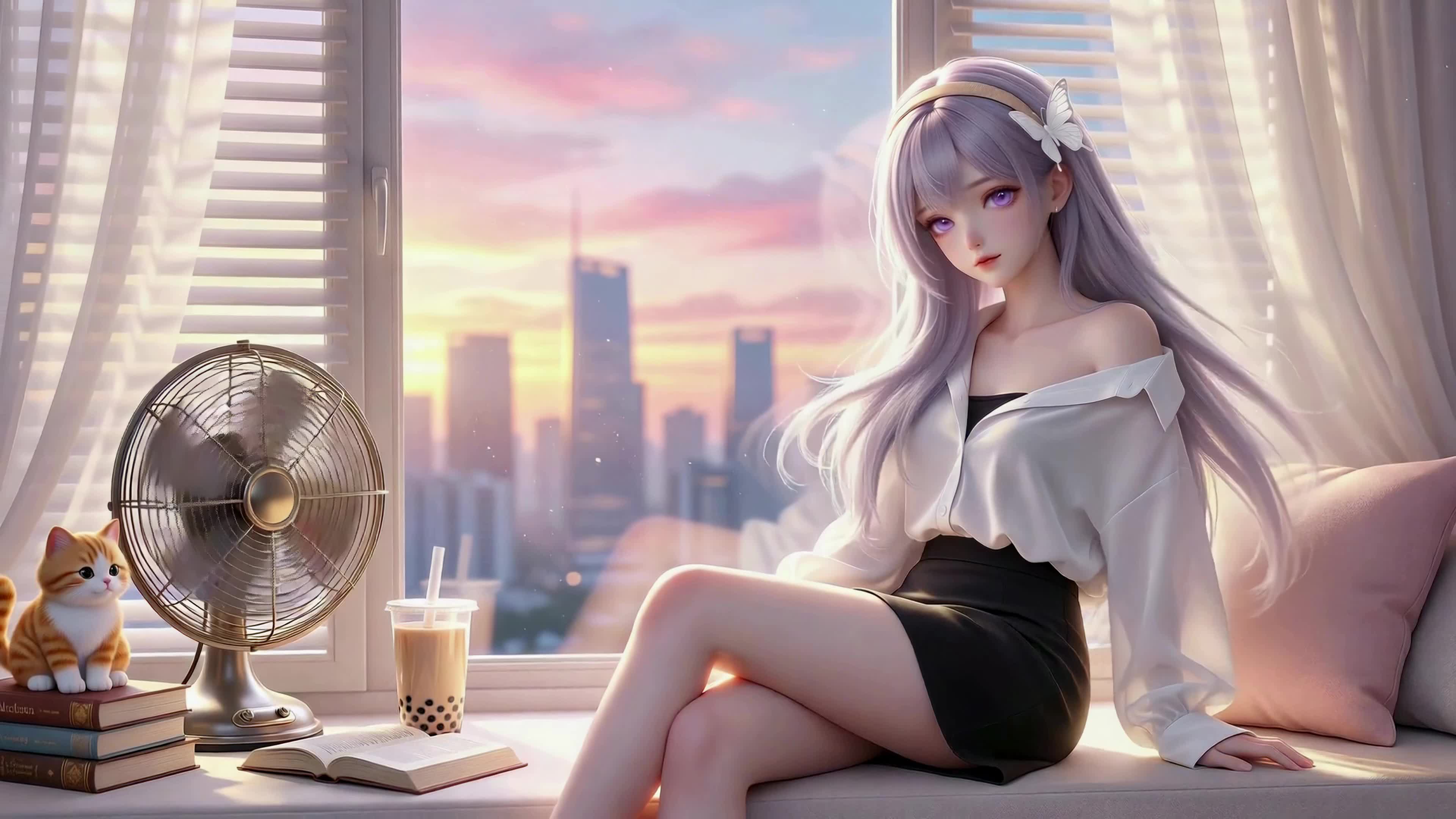 窗边慵懒紫发少女