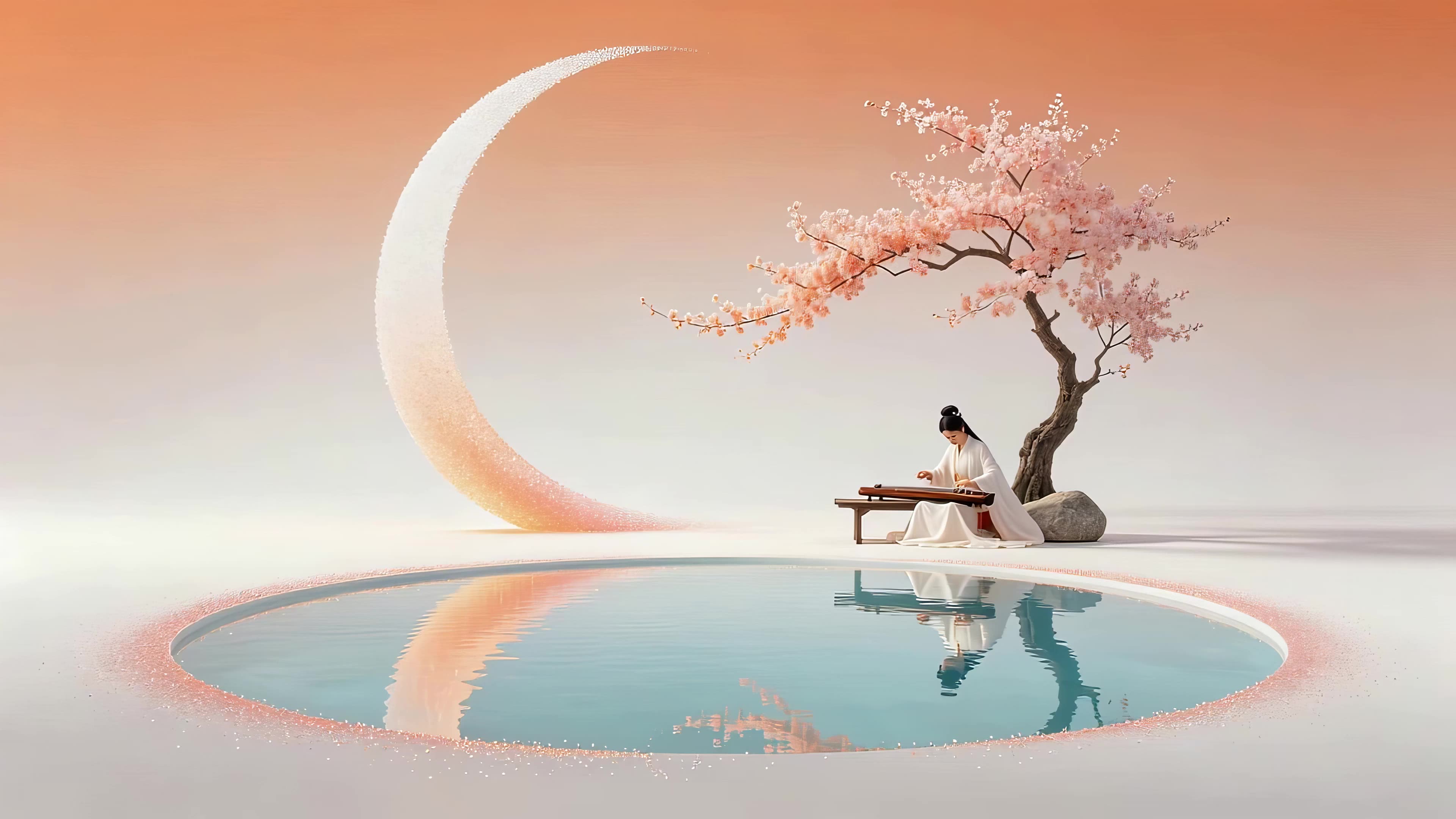 月下抚琴的美人
