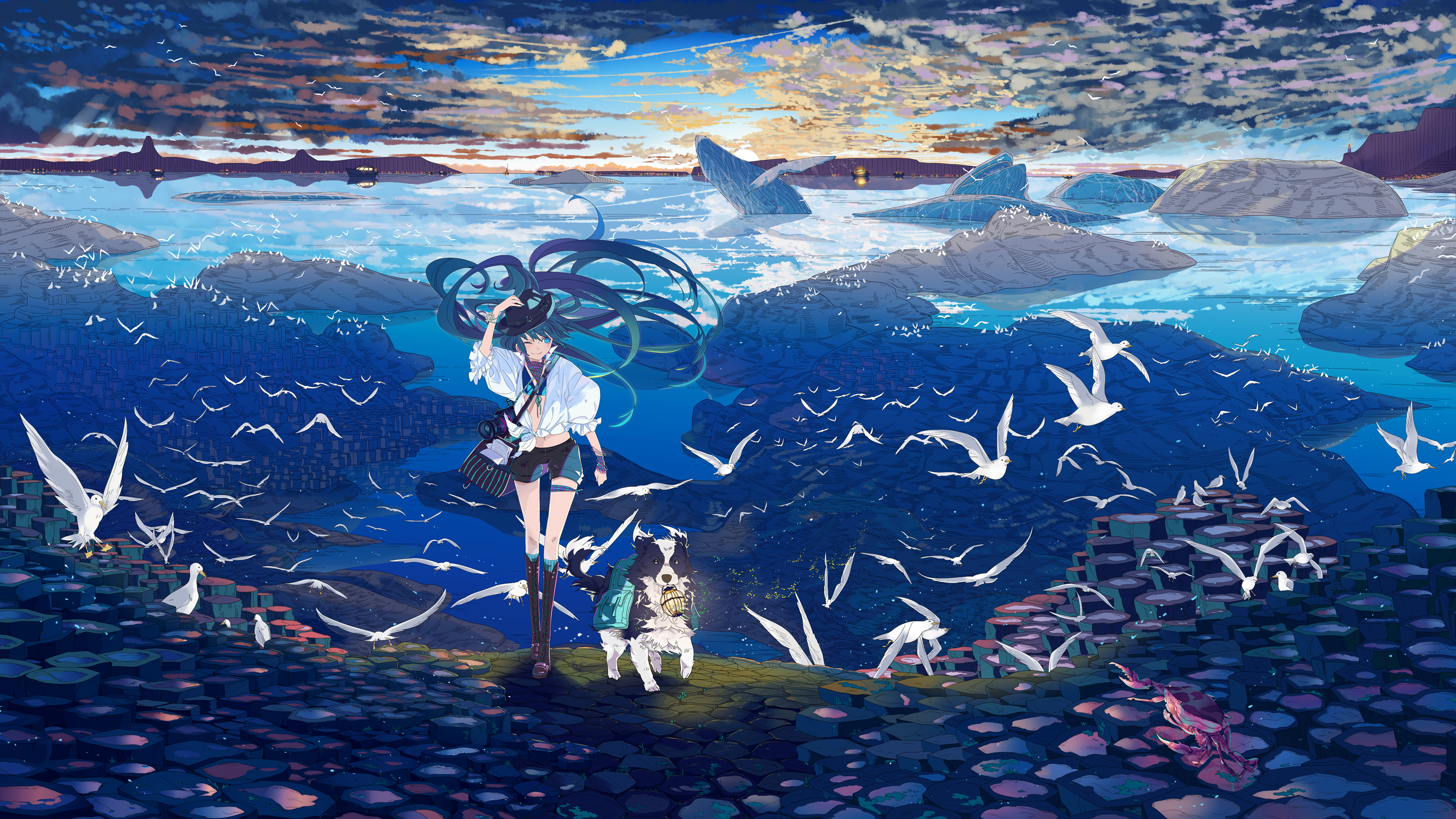 初音未来,小狗,鸟儿,海