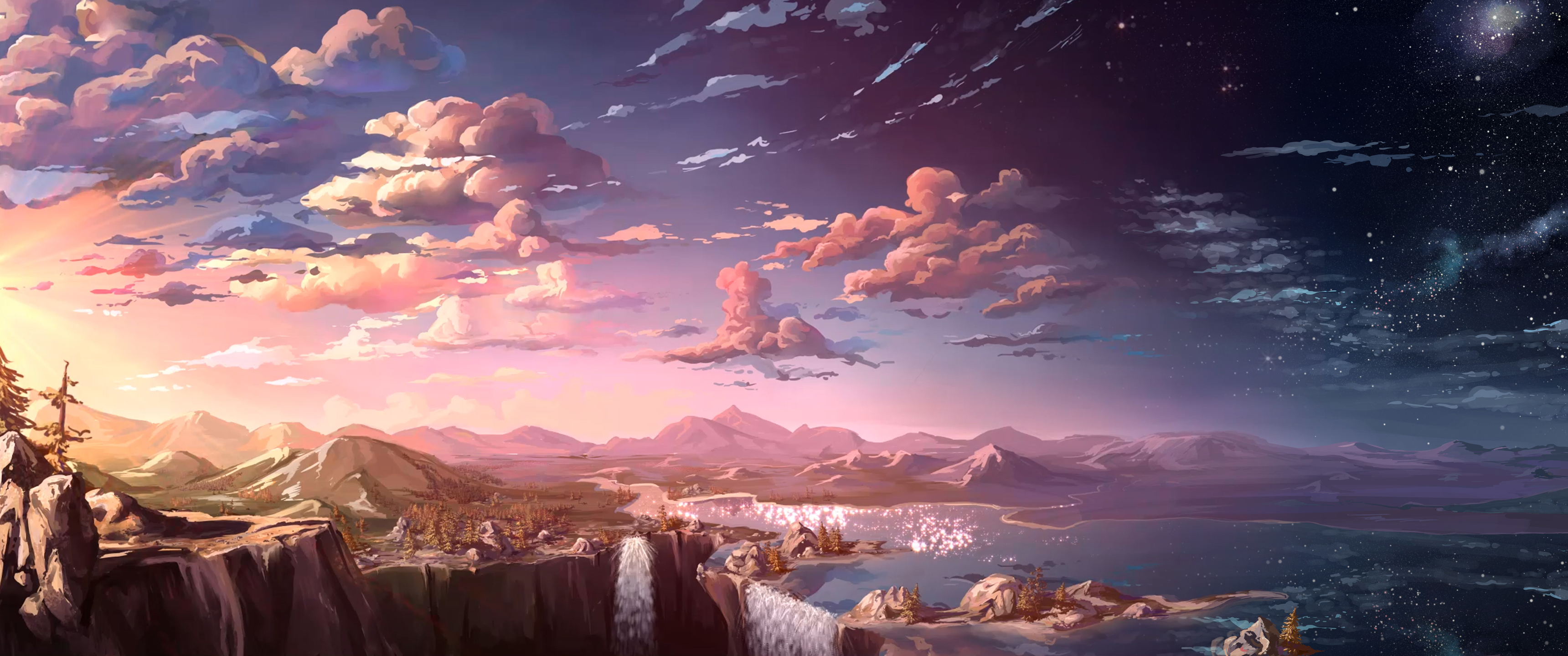 动漫风景河流瀑布3440x1