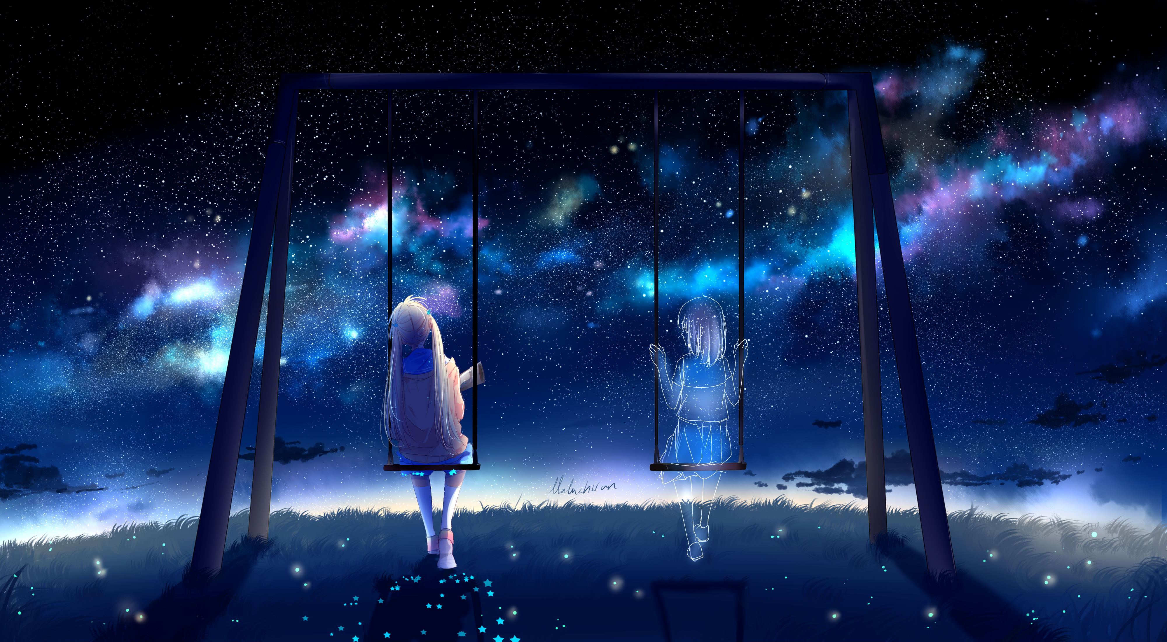 唯美星空下 女生 荡秋千