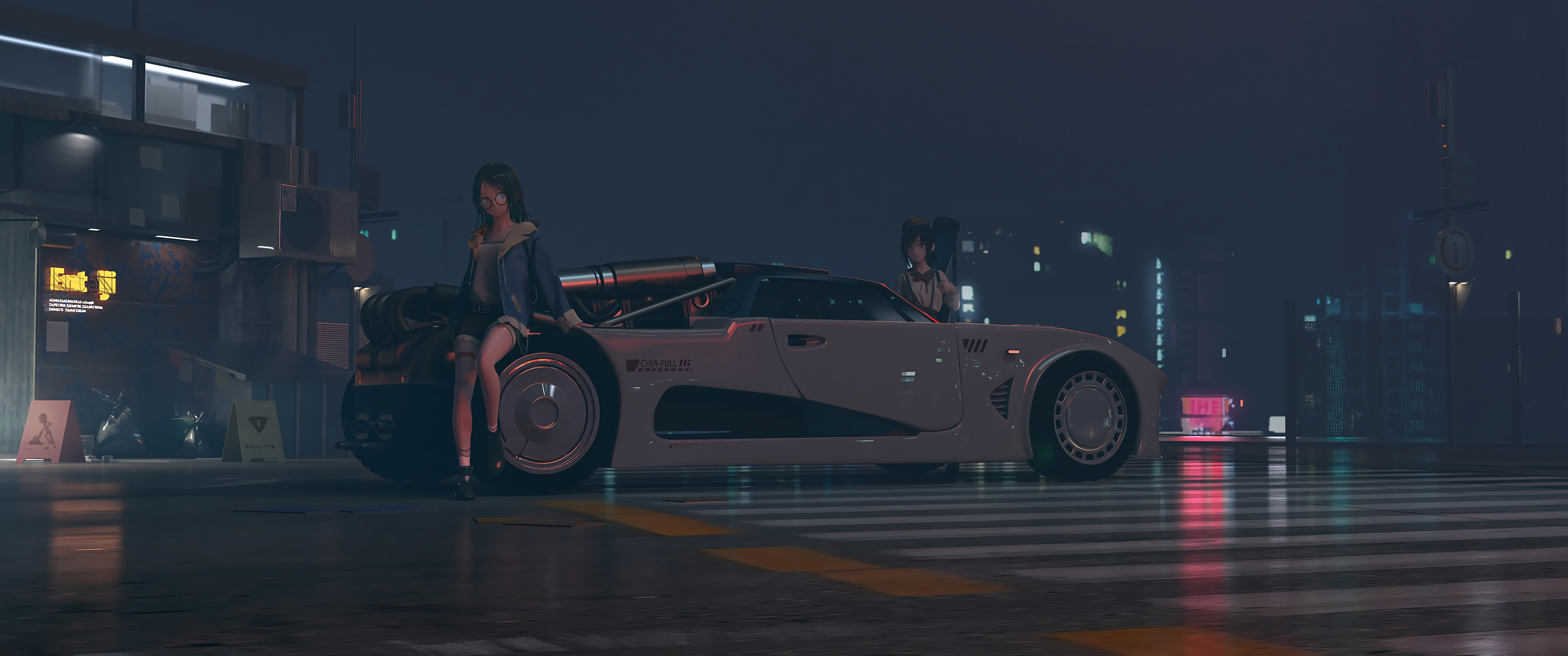城市夜景 女生 跑车 344