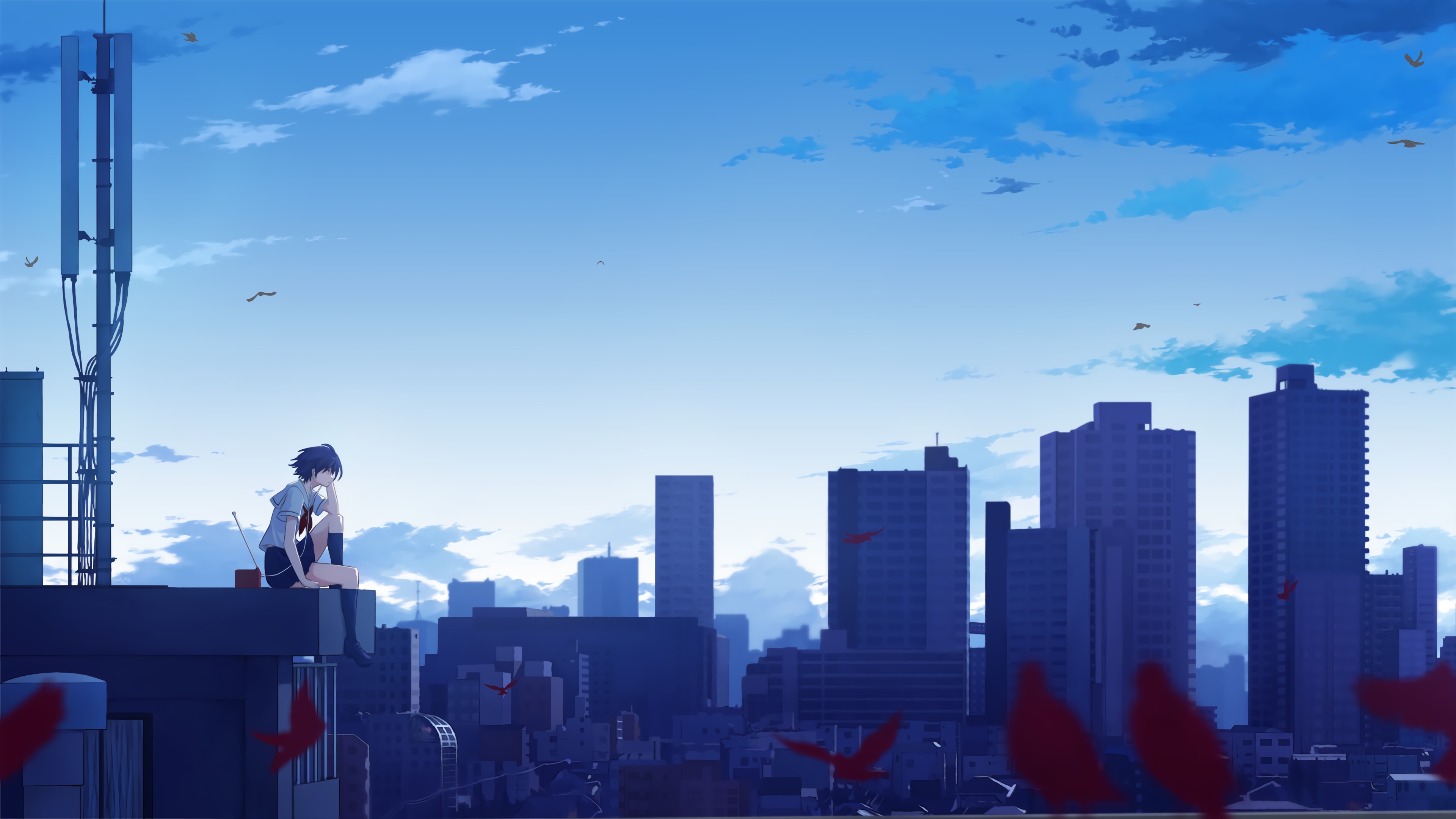 城市天空屋顶听音乐的女_13789