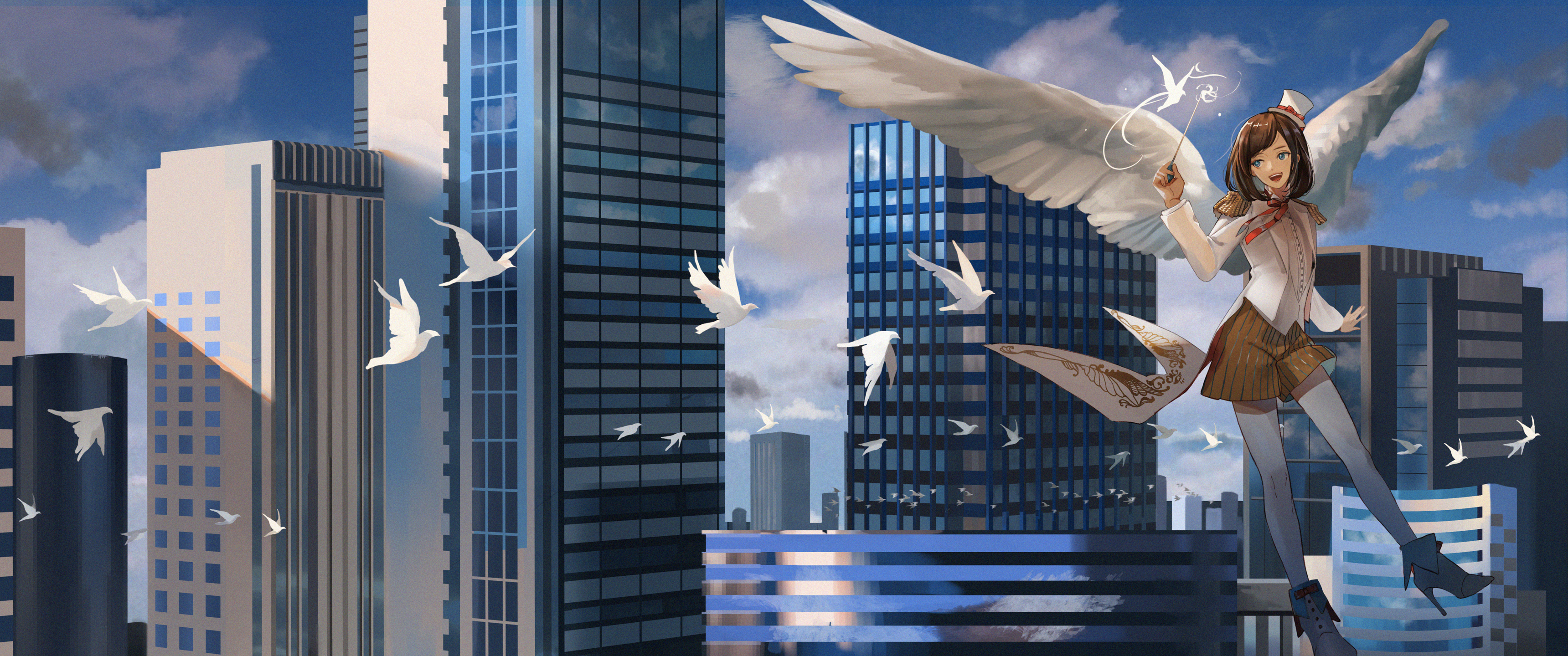 城市高楼天使女孩3440x1