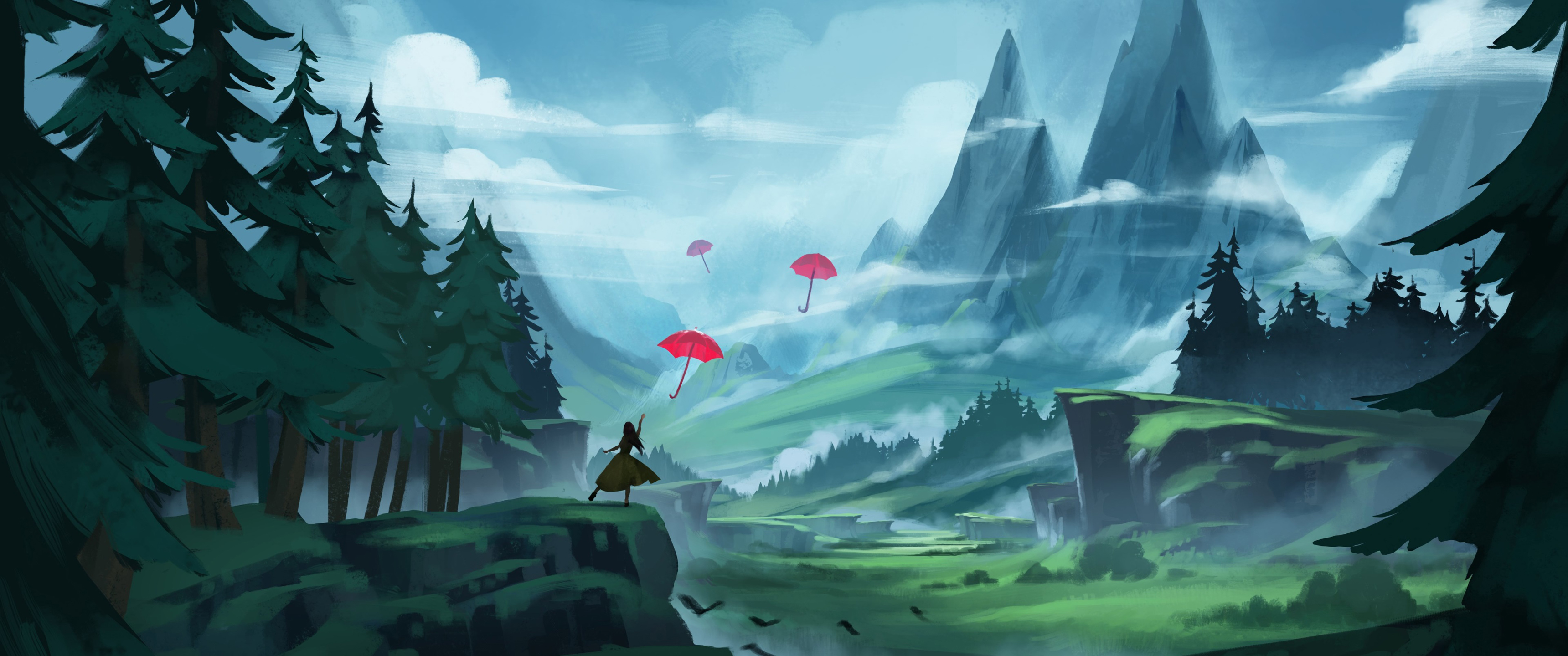 女人 雨伞 插画 风景 山