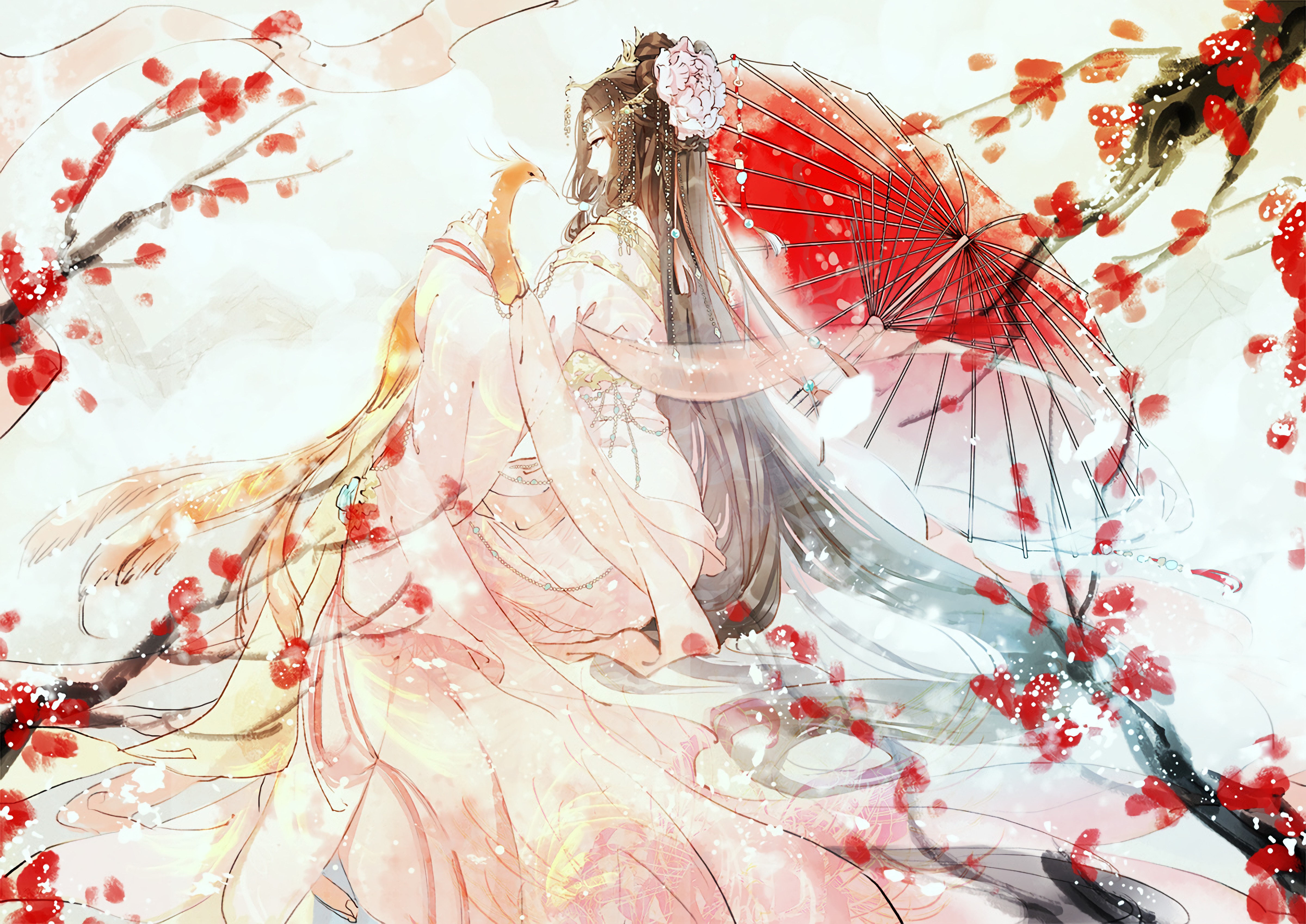 女子 伞 孔雀 花 唯美动