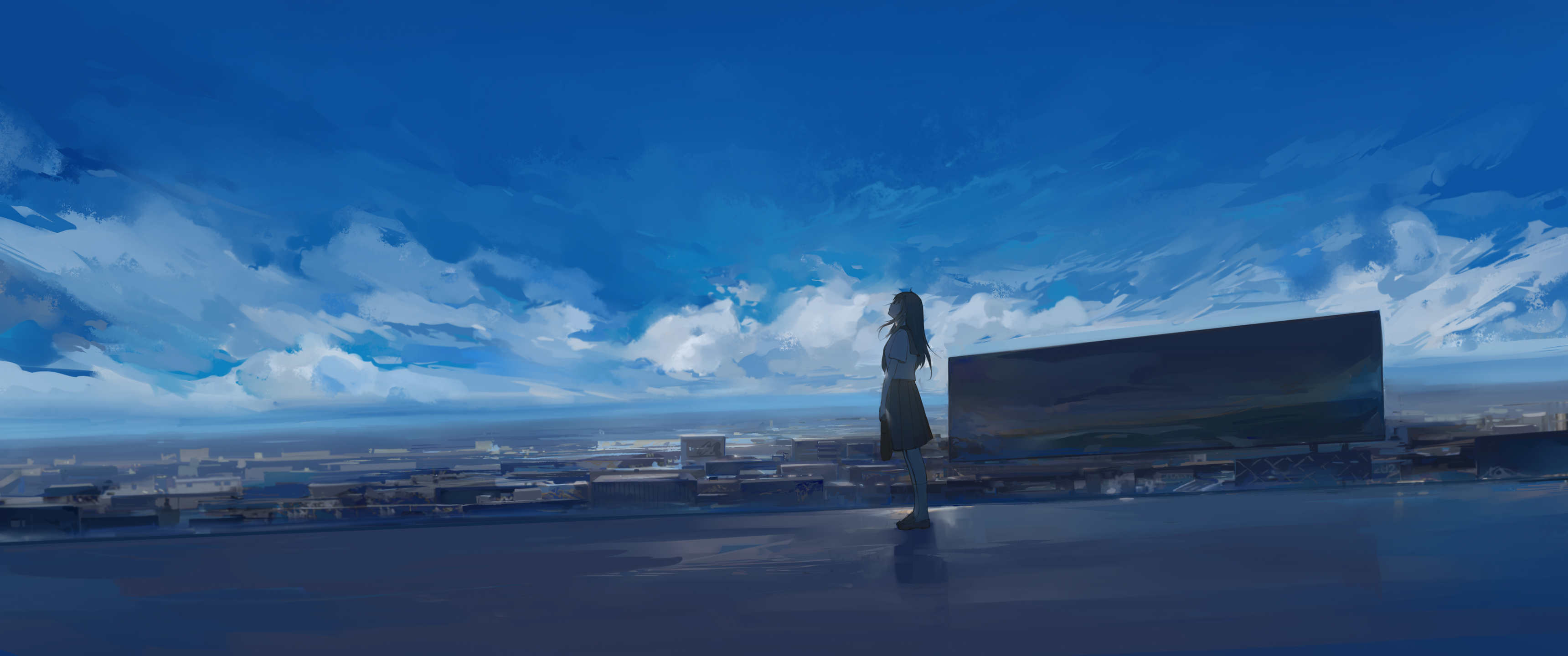 女子学生 天空 云 3440x