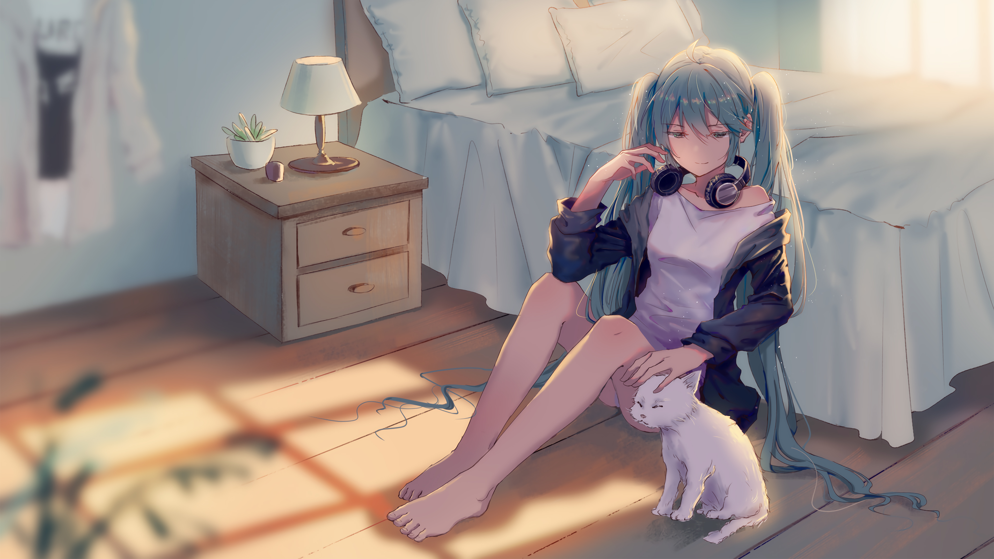 房间,女孩,猫,4k动漫壁