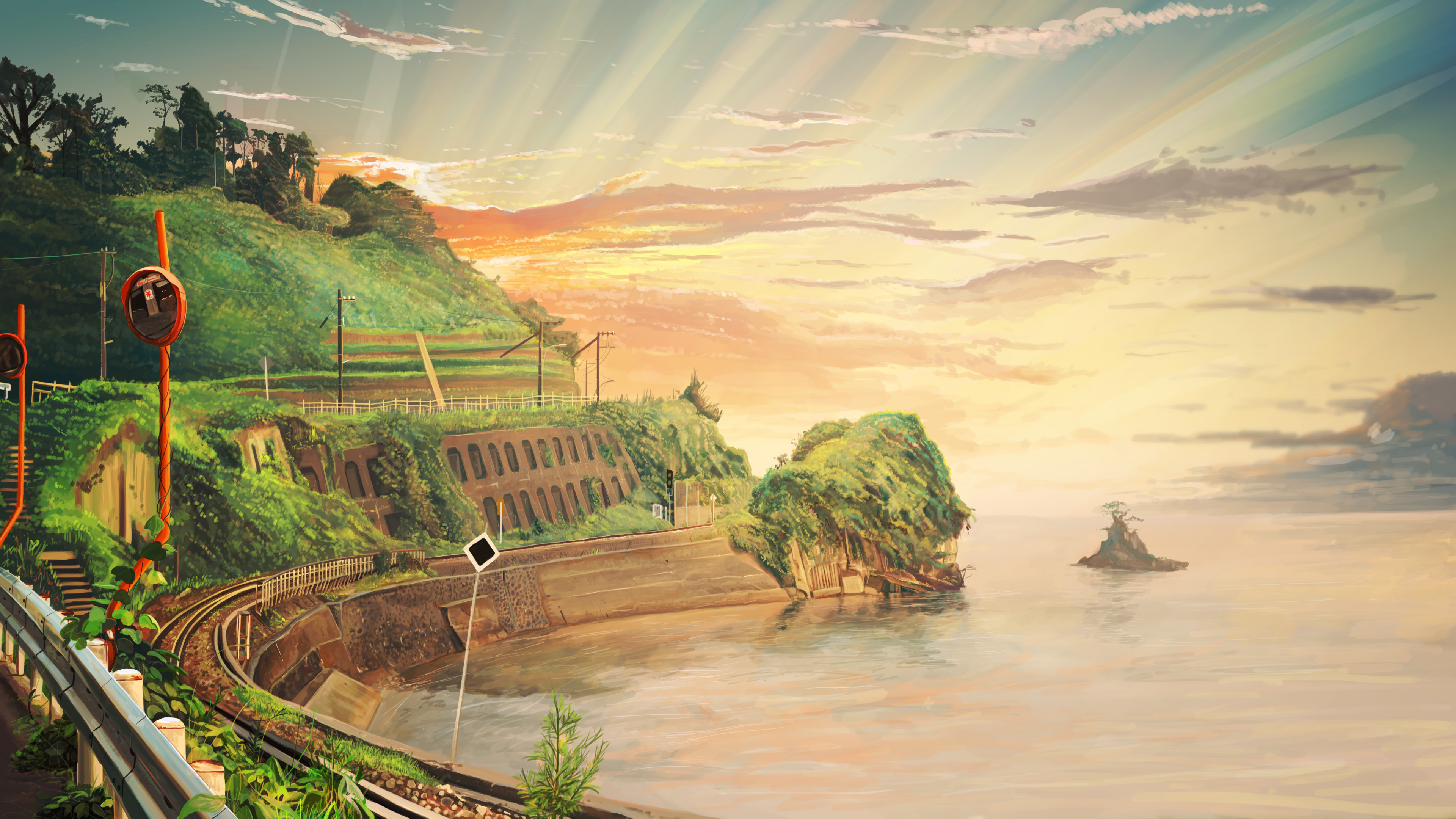 无云的海岸 道路 插画风