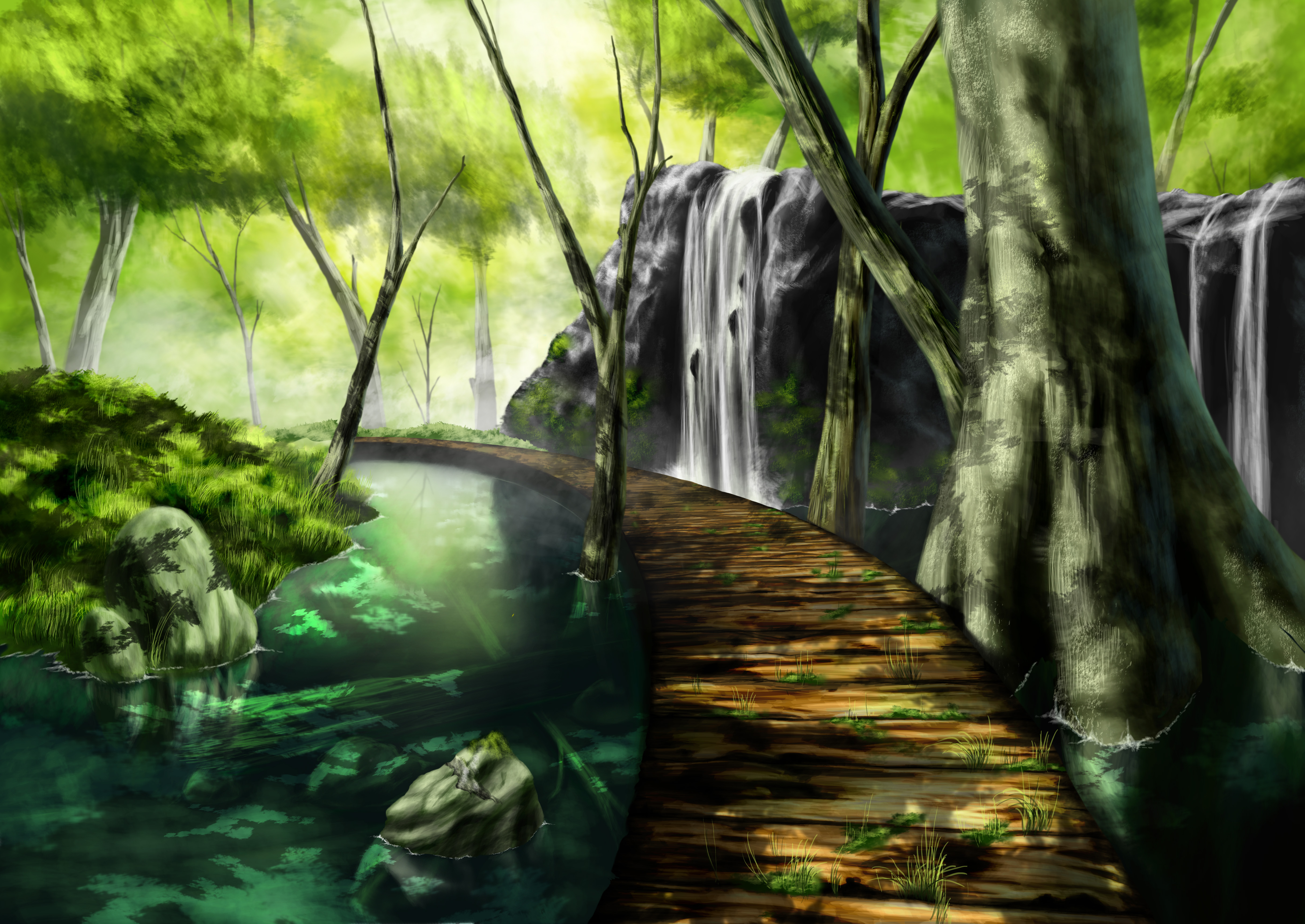 森林 树木 桥 唯美绘画_20463