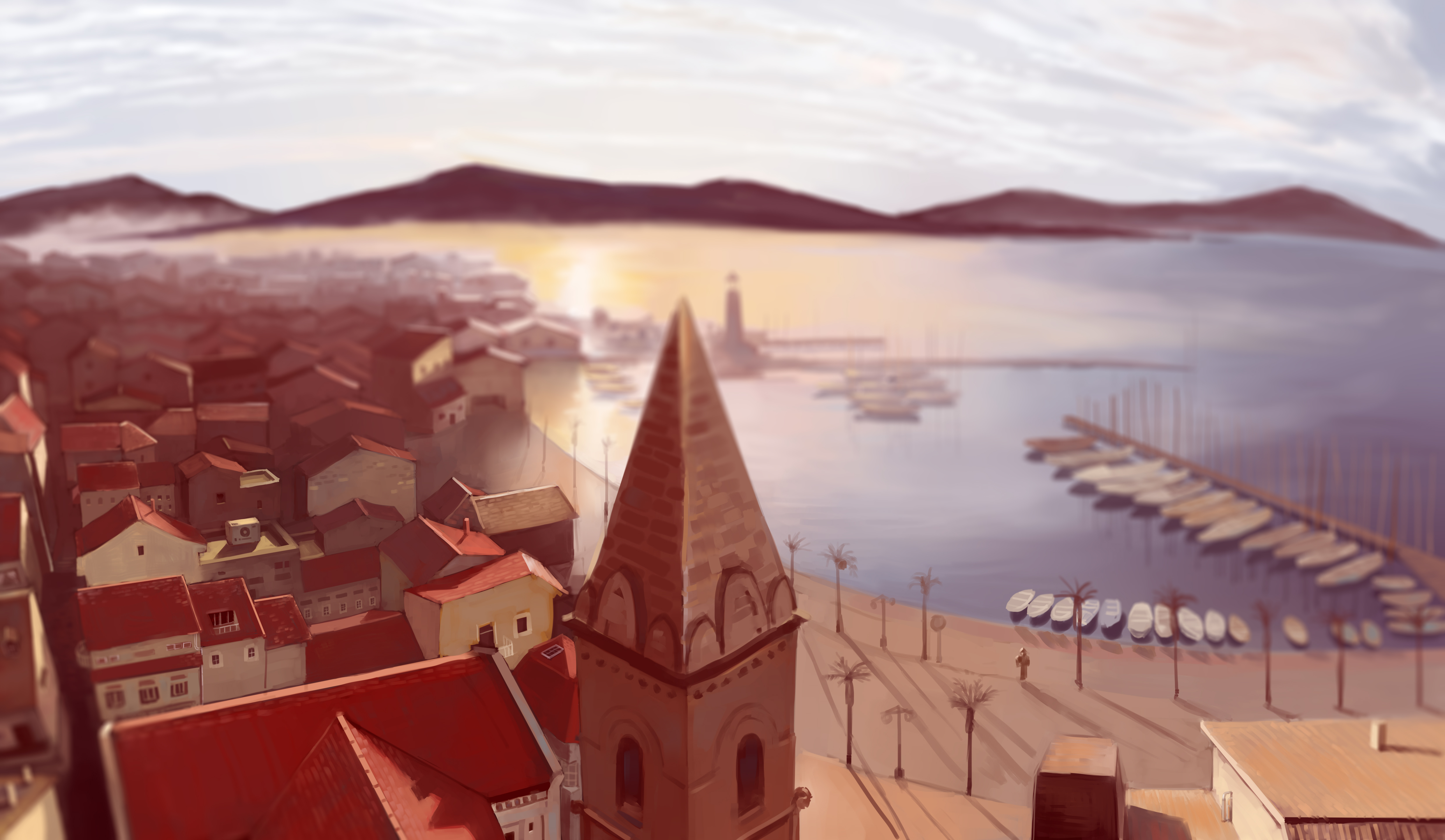 海边钟楼房子风景4k插画