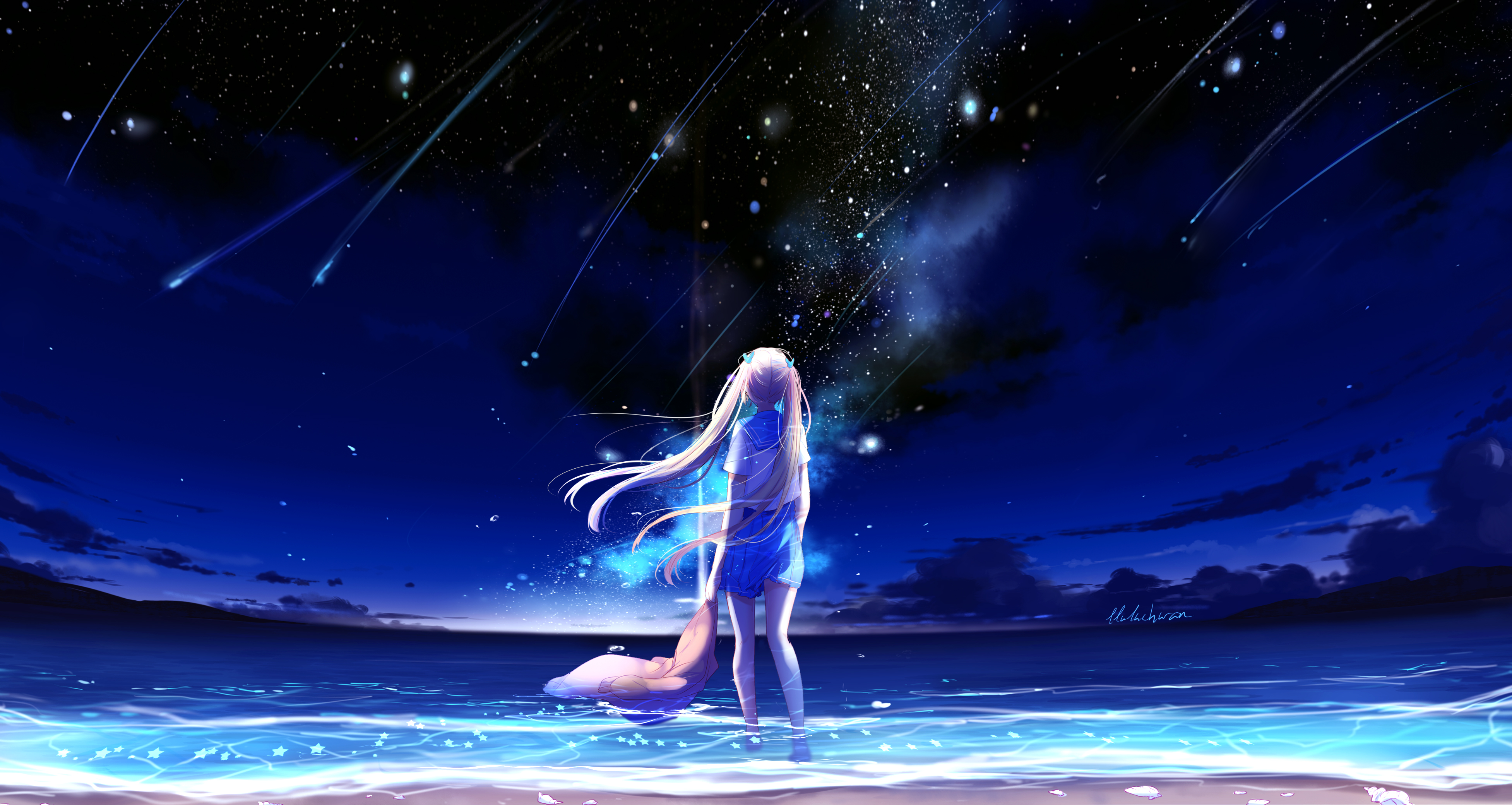 蓝色天空 流星 女孩 晚