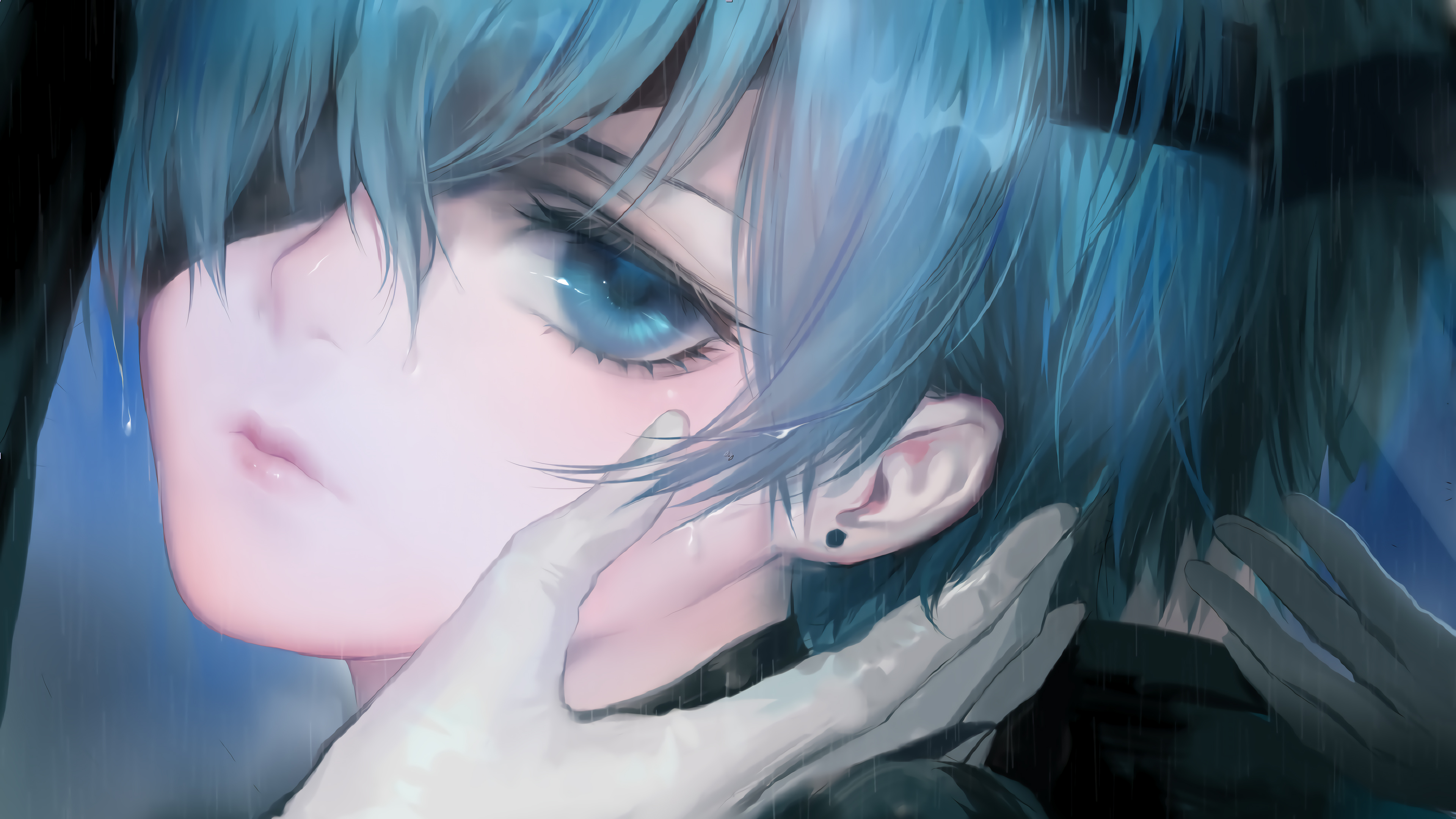 蓝色眼睛头发动漫人物4k