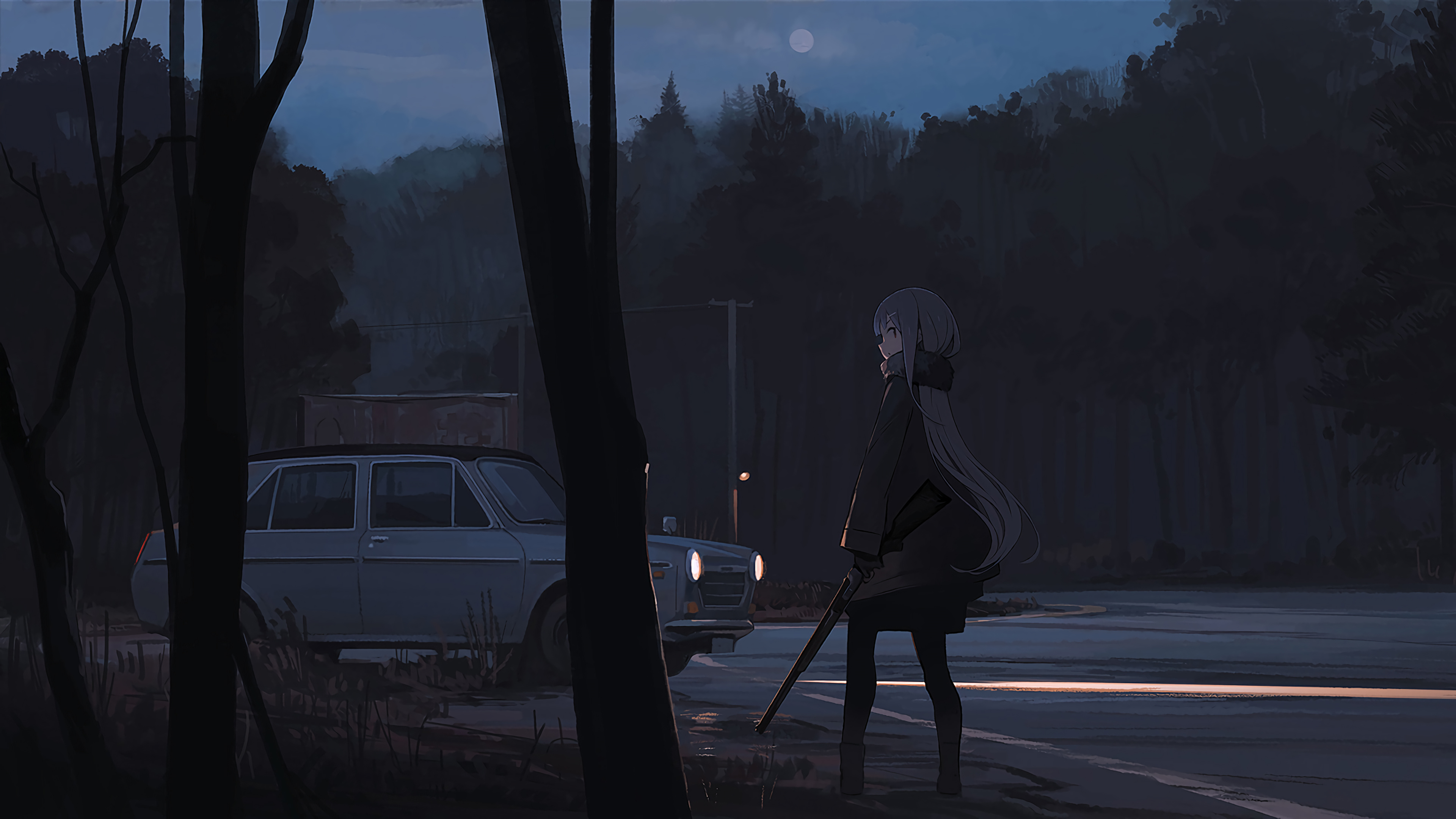 长头发女孩 深色背景 晚