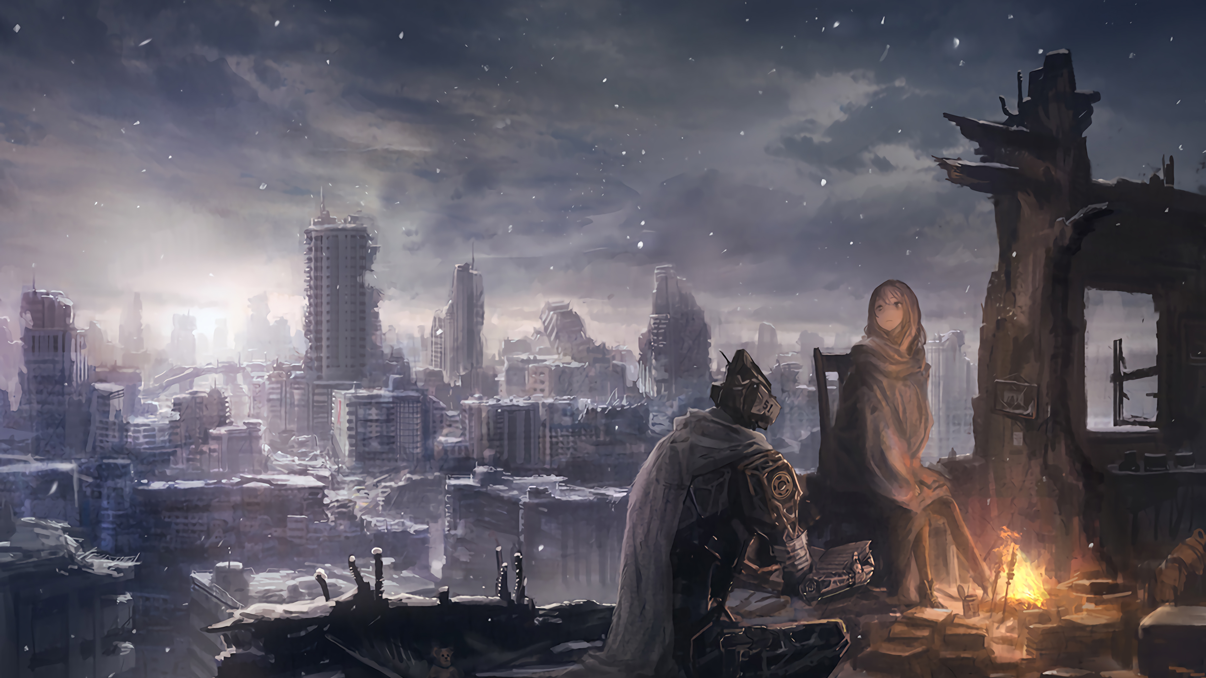 雪天,城市,火堆,女生,4K_14950