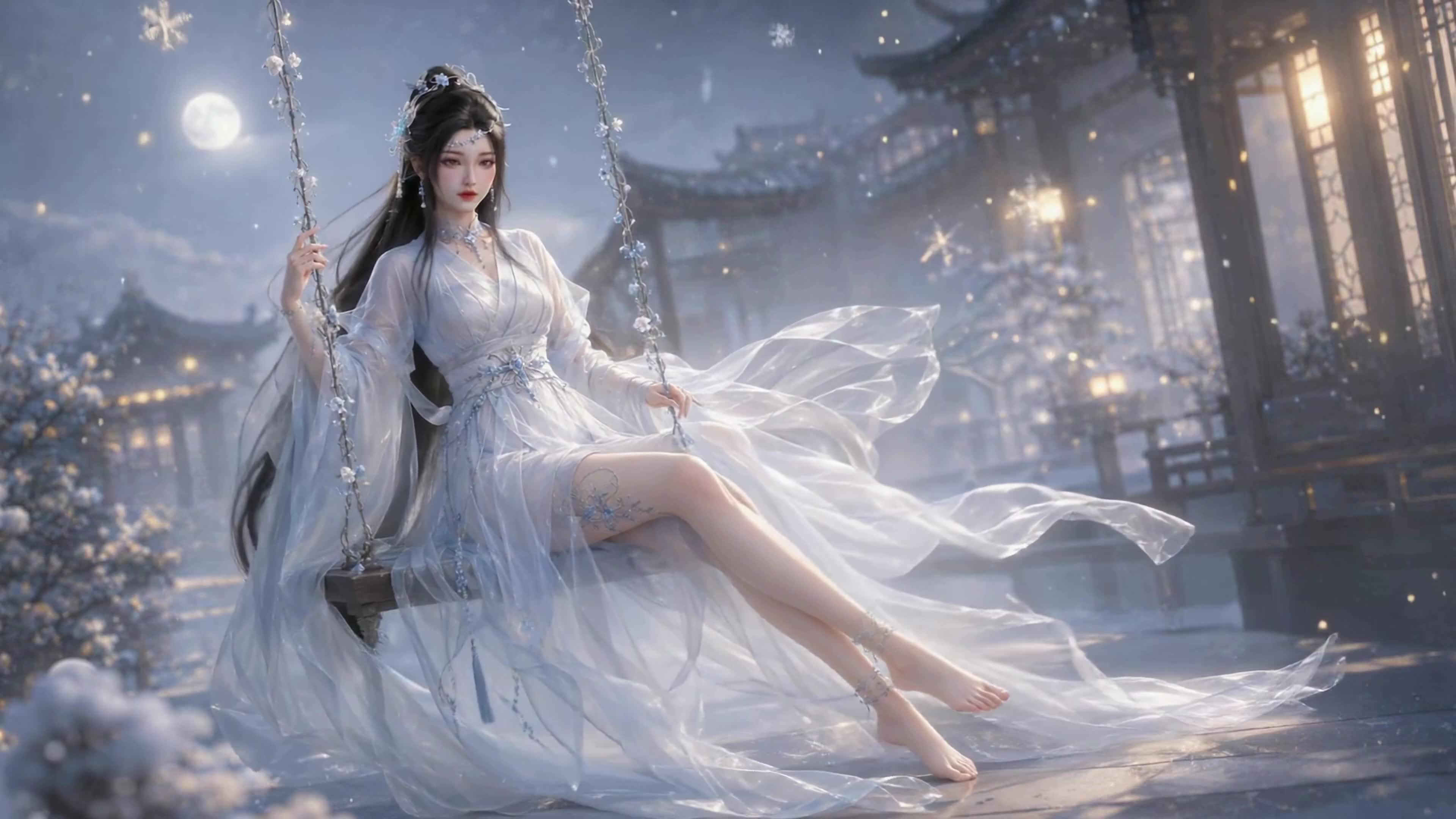 雪夜古院秋千美人