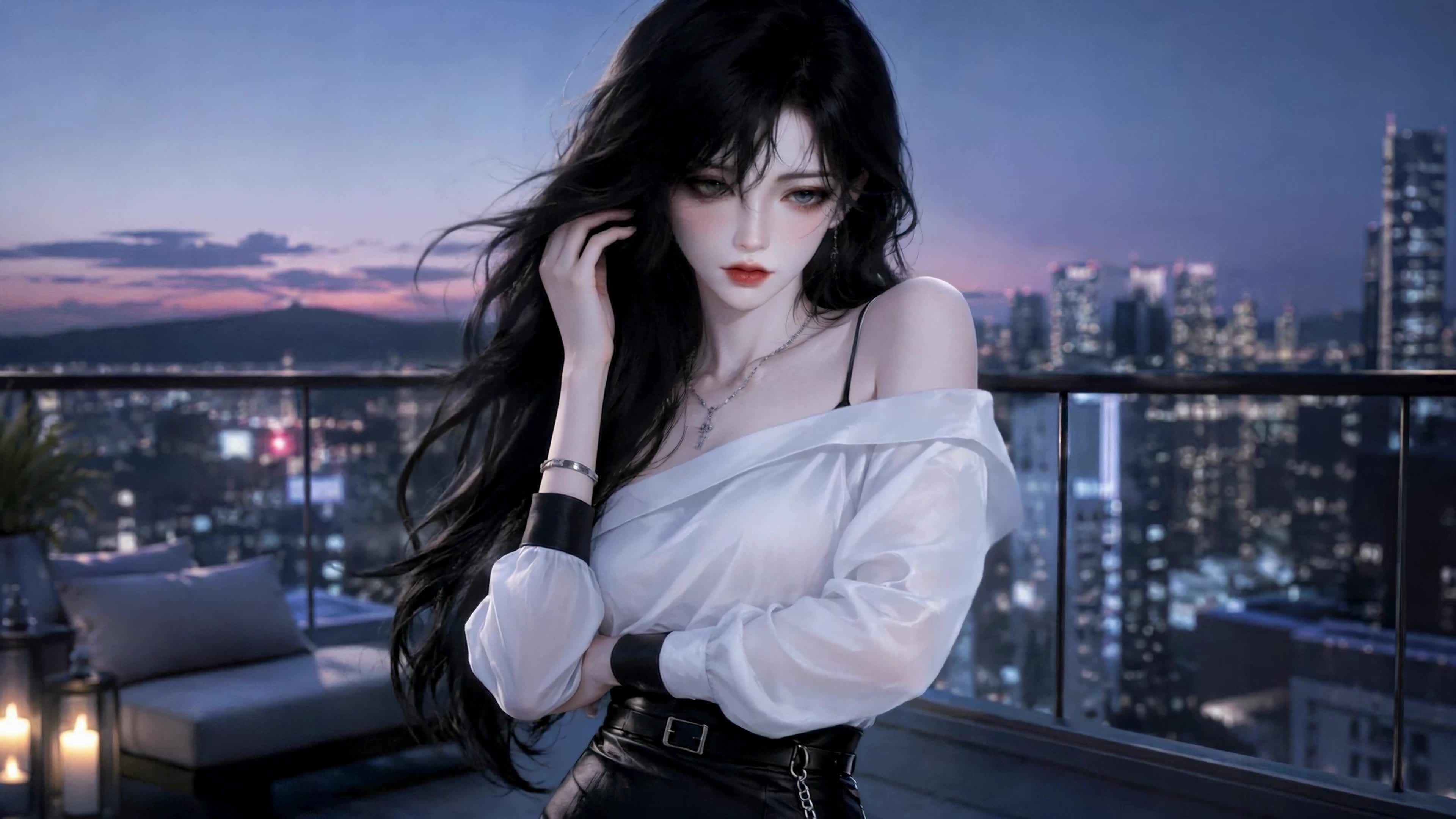 暮色天台长发少女
