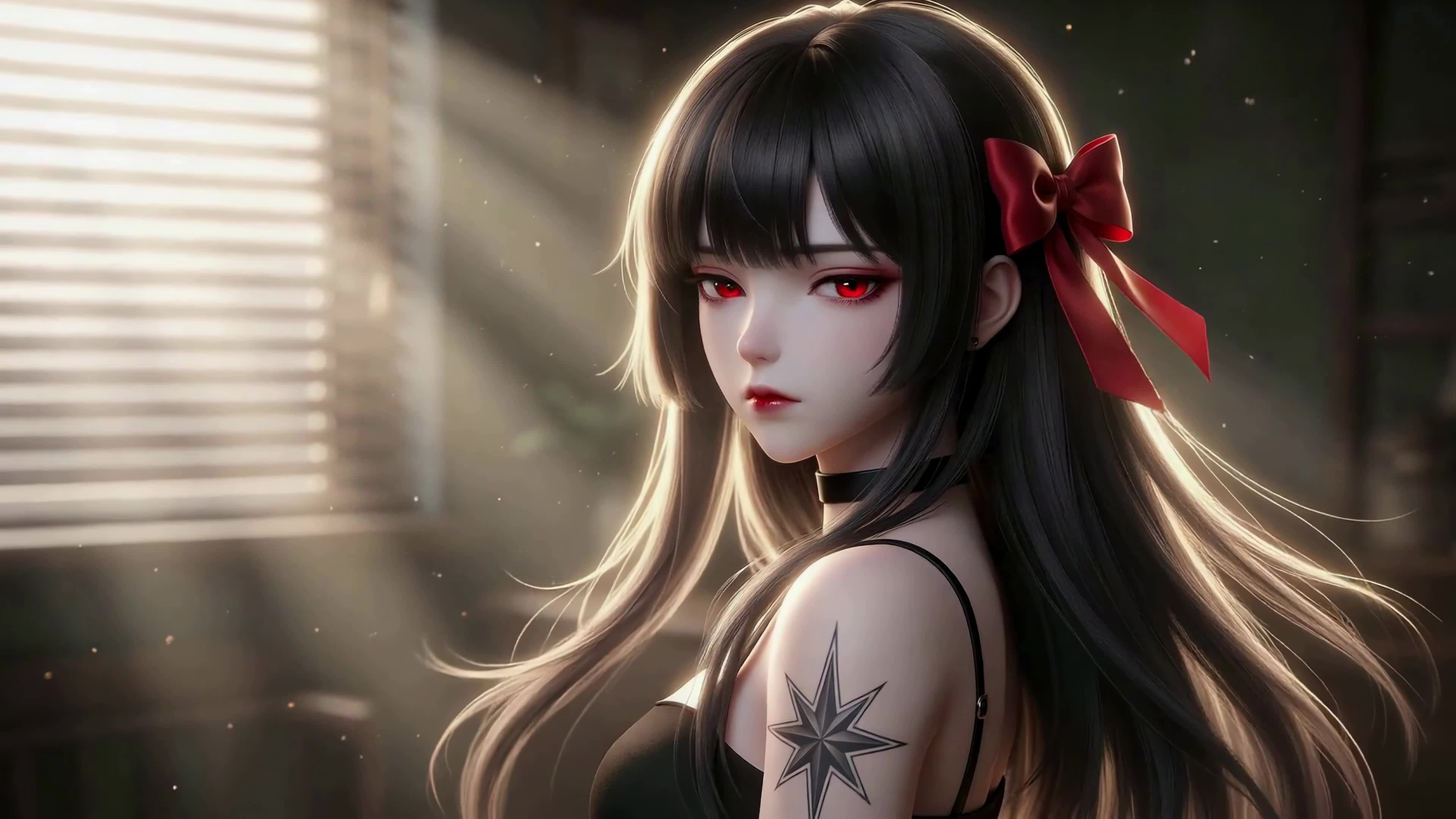 窗边清冽红瞳黑发少女
