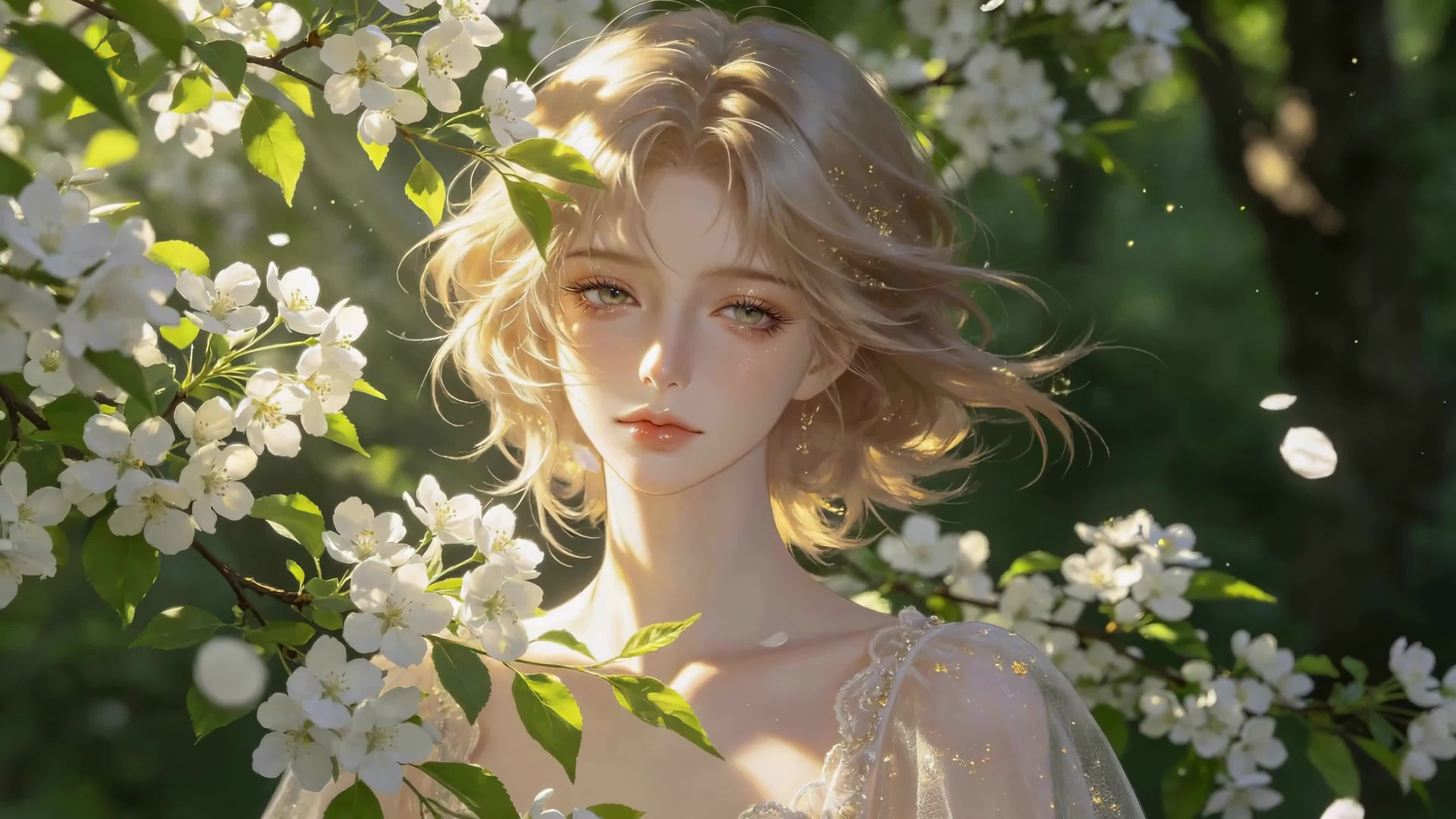 梨花树下的金发少女