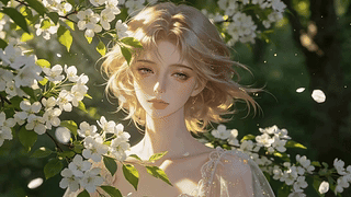 梨花树下的金发少女