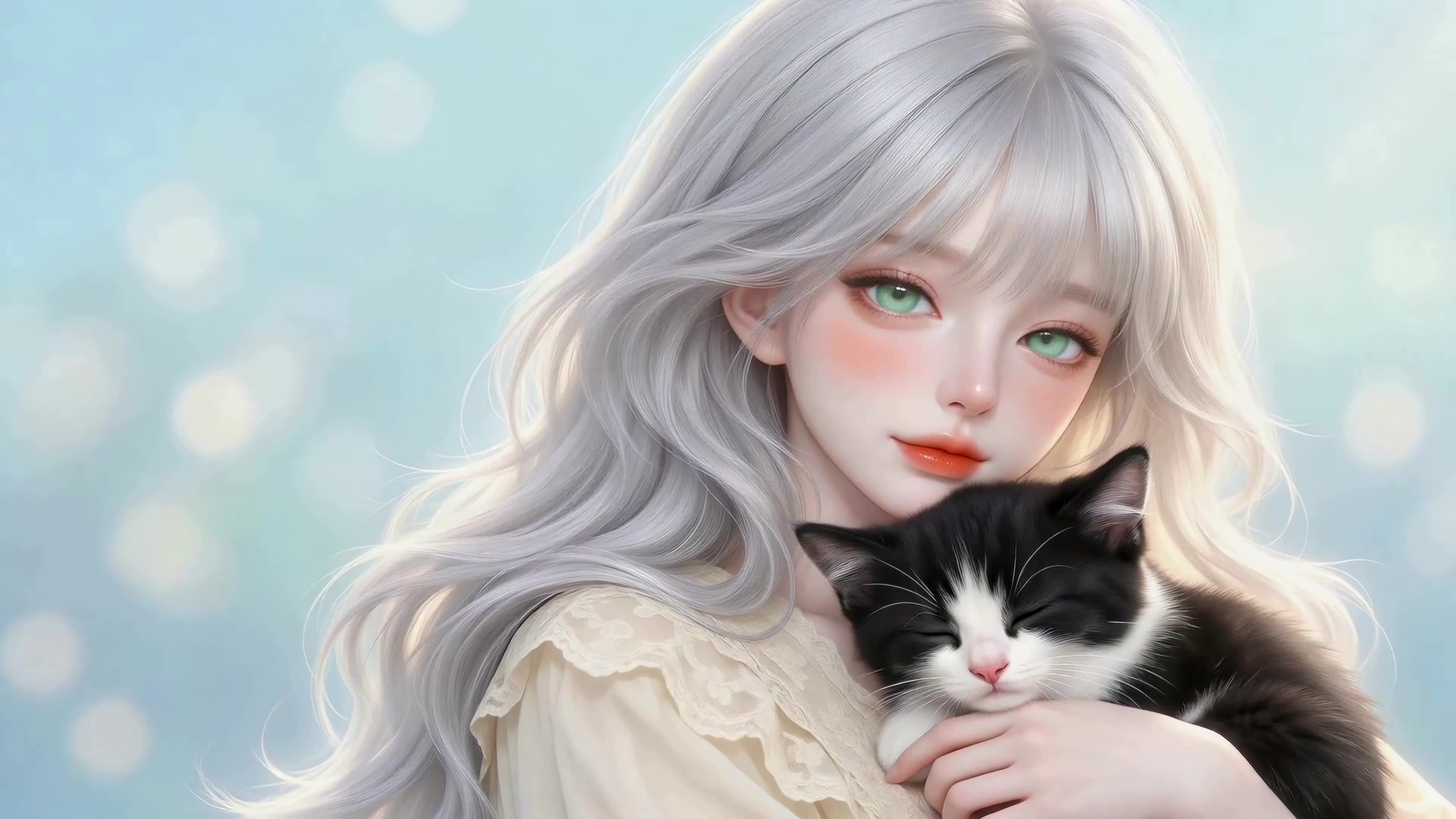 银发少女与猫咪