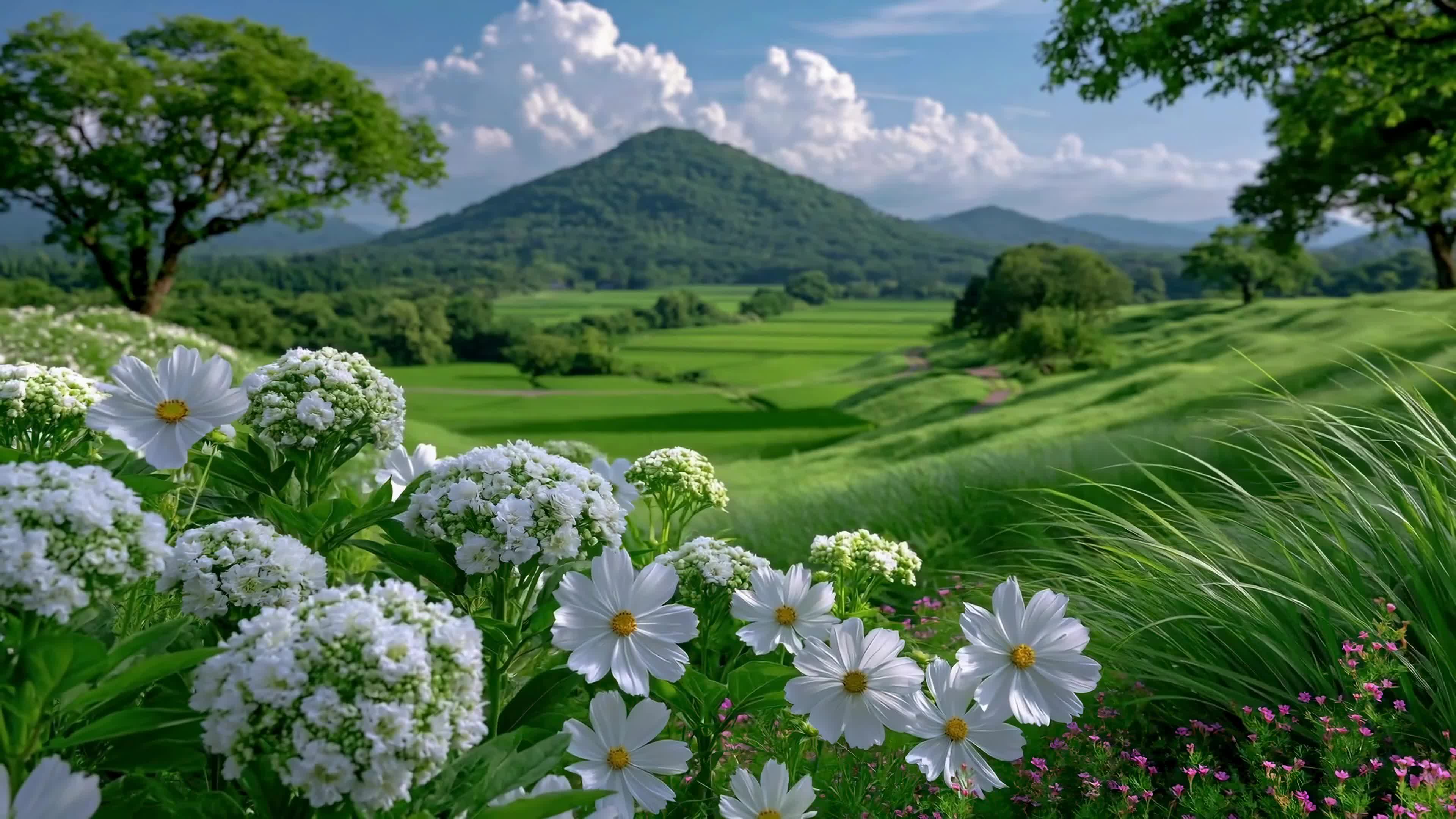 绿野山间白花盛景