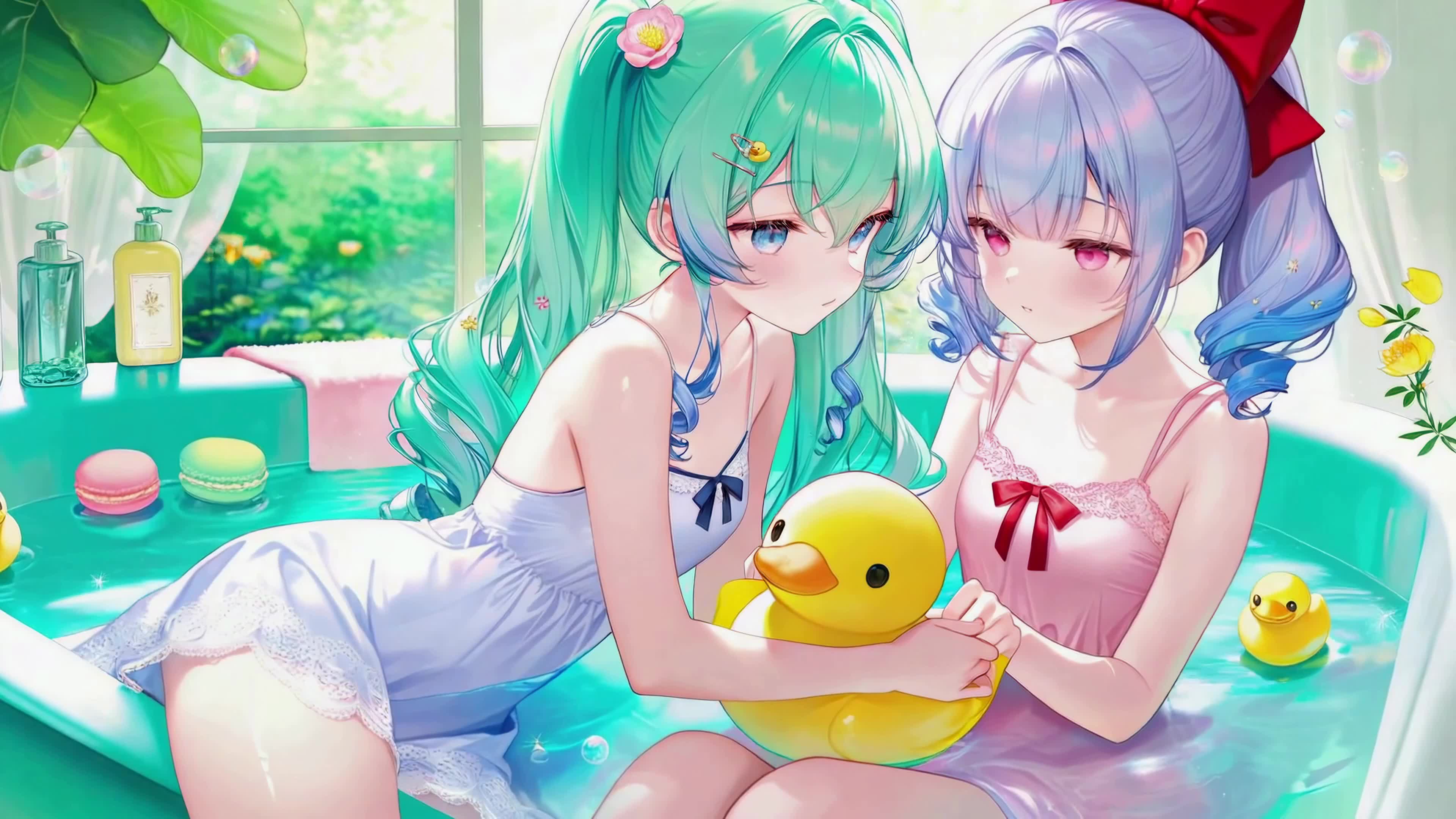 夏日浴缸戏水的双马尾少女