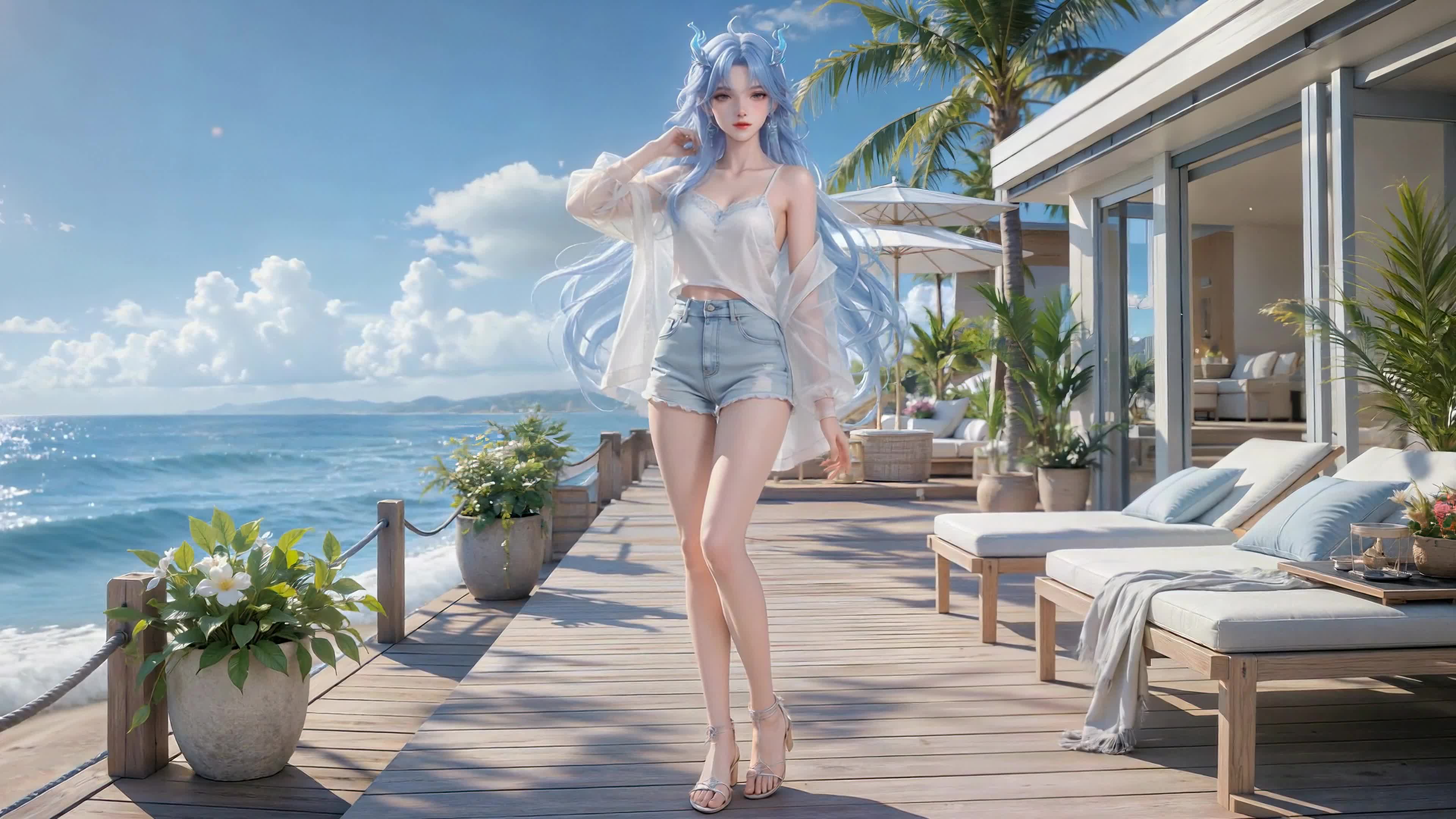 海滨假日蓝发少女清宵