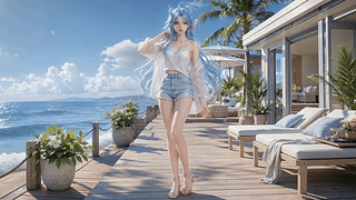 海滨假日蓝发少女清宵